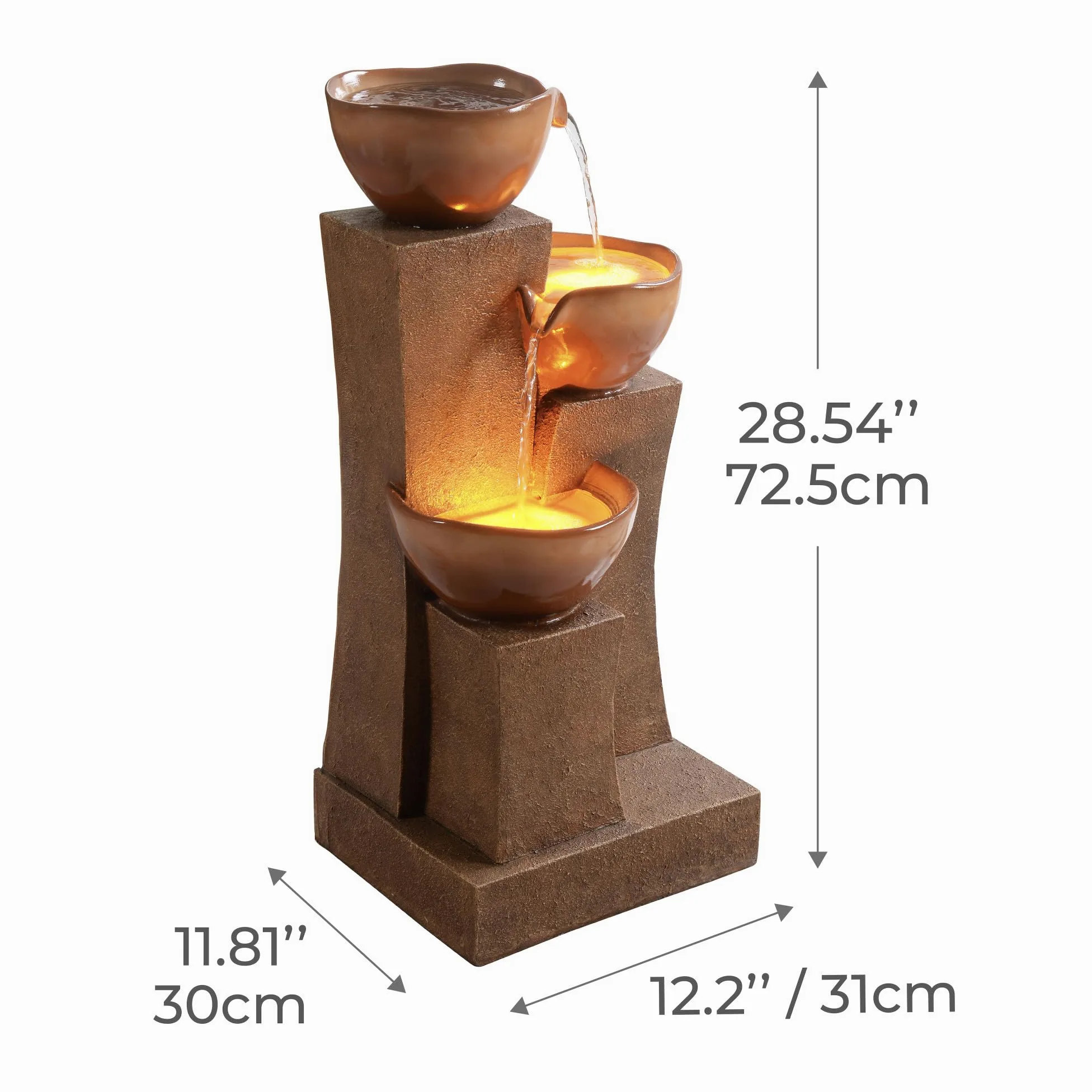 Teamson Home Fontaine d'eau extérieure à 3 étages de 28,54 pouces avec lumières LED, marron, Teamson Home