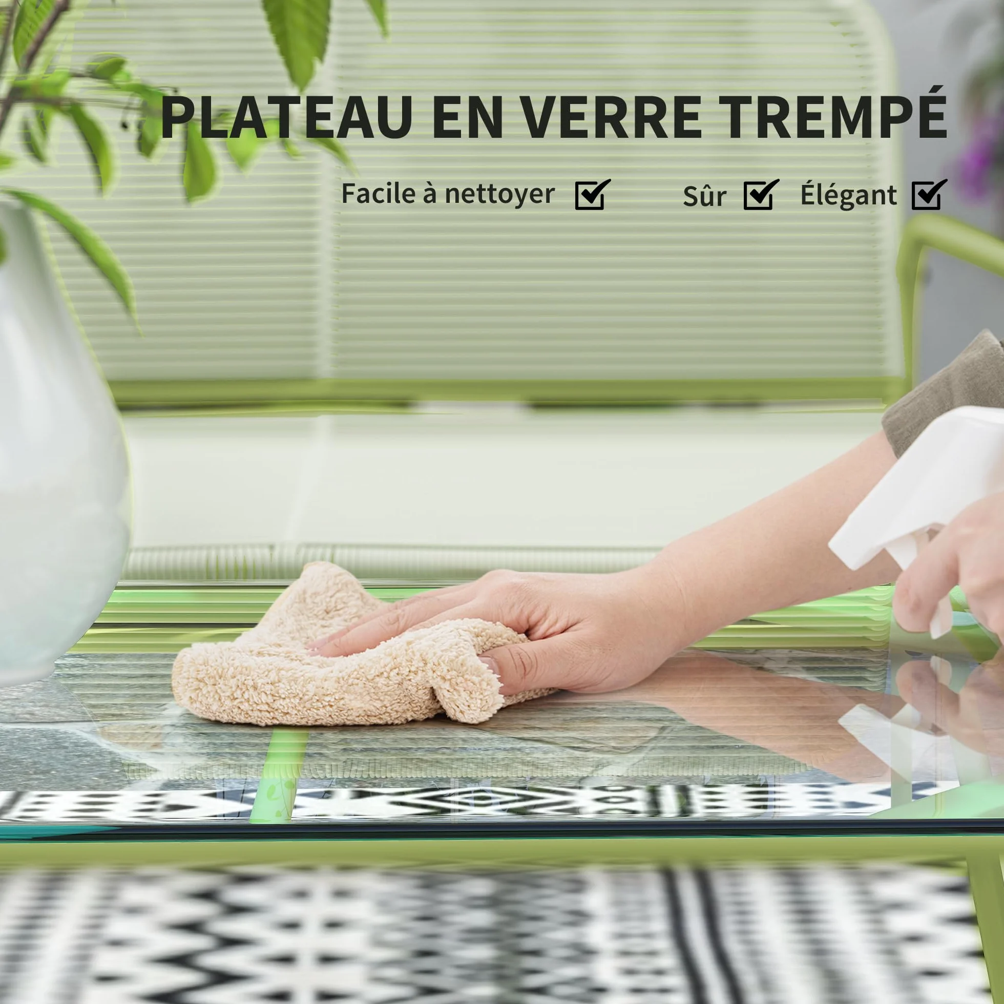 Outsunny Salon de Jardin extérieur résine tressée 4 Places canapé 2 fauteuils Table Verre trempé Acier Vert