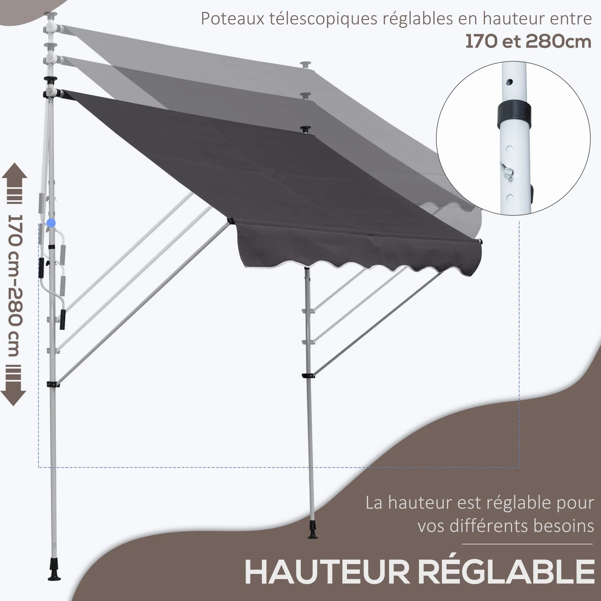 Outsunny Store banne Manuel rétractable 2L x 1,5l x 1,7-2,8H m Inclinaison réglable Installation Rapide Store banne sans perçage pour Balcon métal Aluminium Polyester Gris