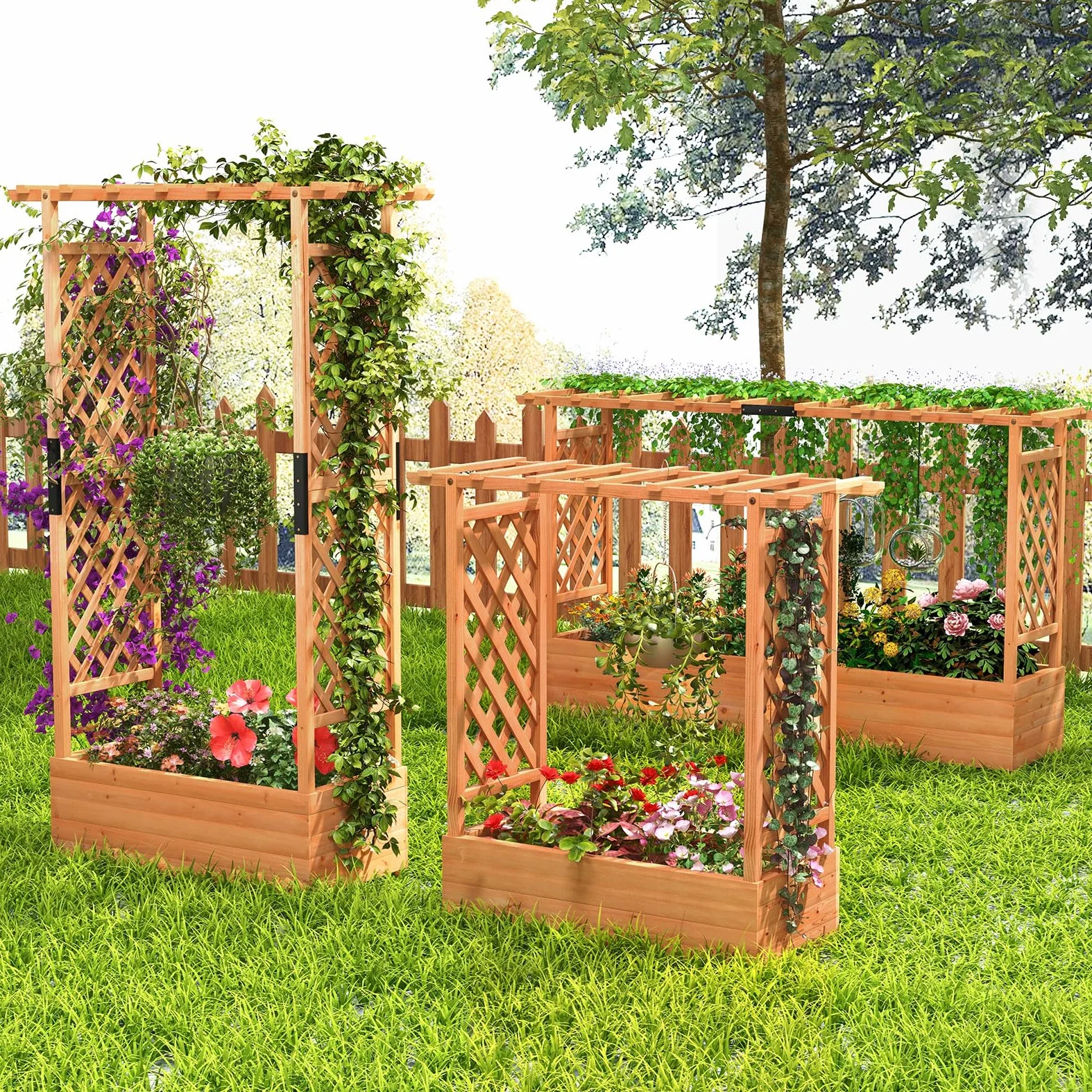 HOMASIS Jardiniere Exterieur Grande avec 2 Treillis et Etagère de Toit, Bac à Fleurs Surélevé en Bois pour Plantes Grimpantes, Jardiniere avec Treillis pour Jardin Balcon, 200x44x114cm, Orange