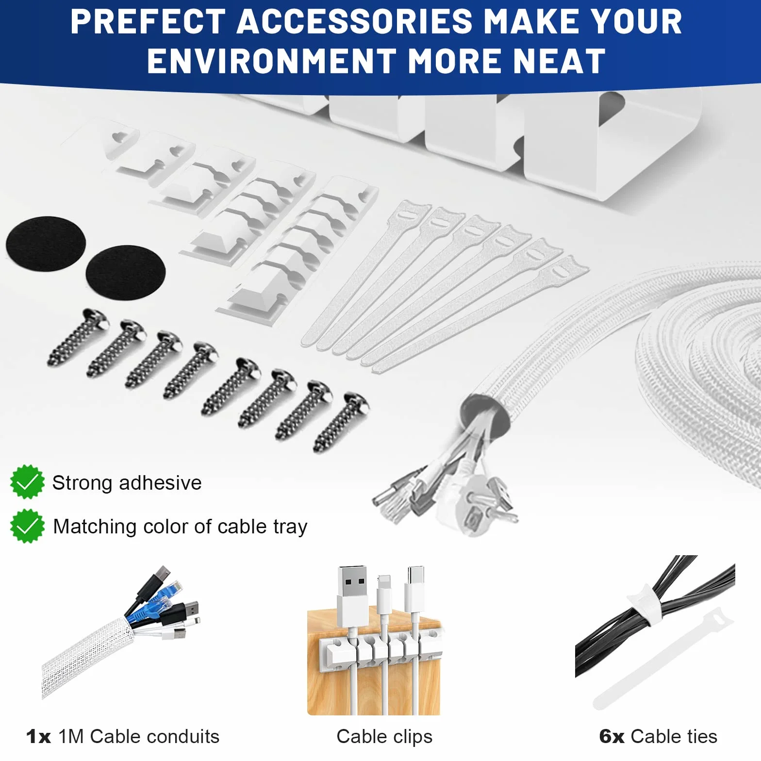 Lannvan 2-Pack Cable Management Set 40CM Blanc Chemins de Câbles sans perçage