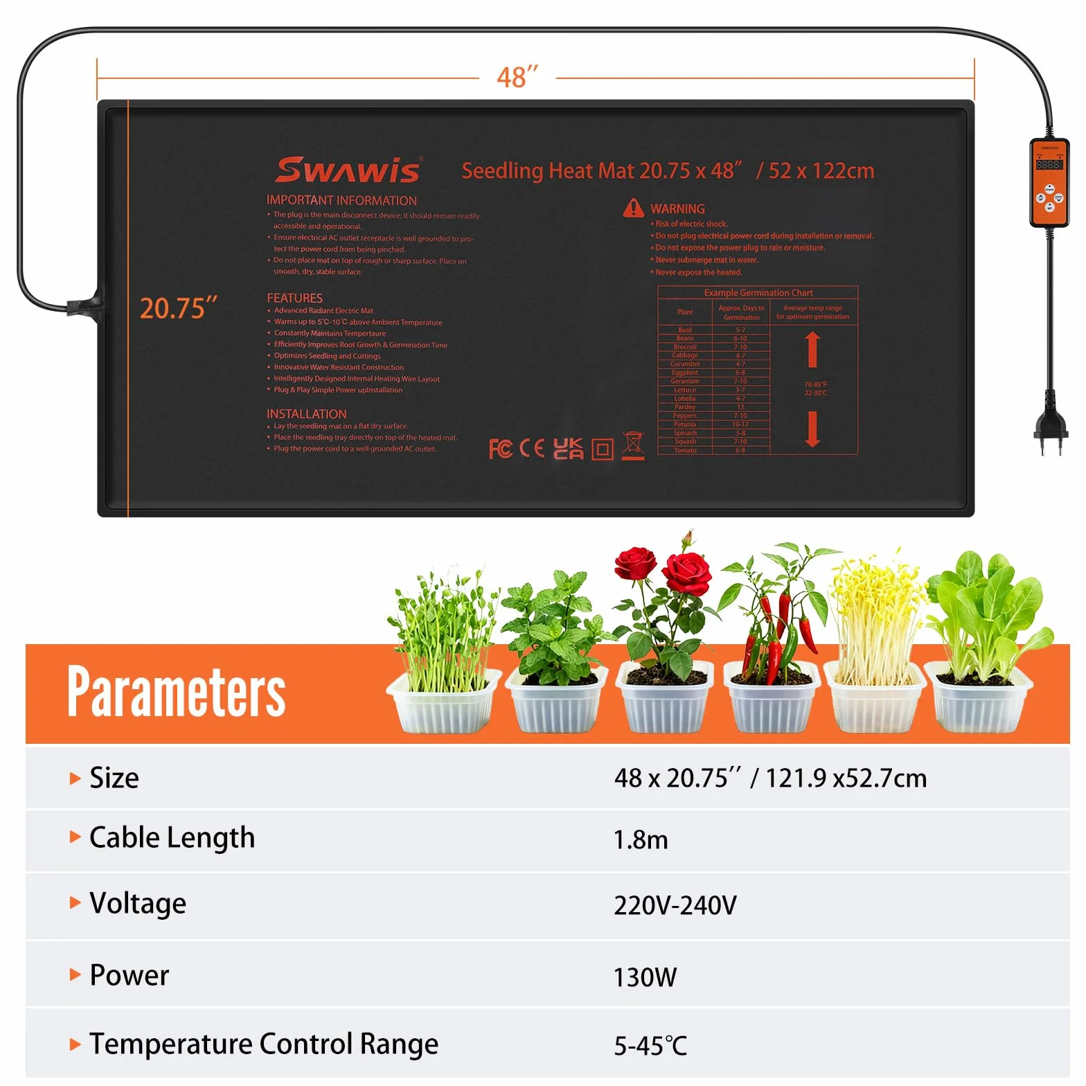 Tapis Chauffant Plantes SWAWIS130W 52.7x121.9cm Thermostat IP67
