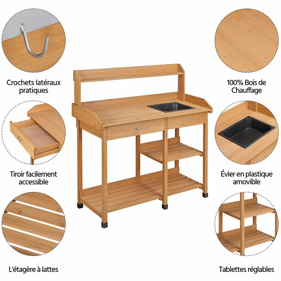 Yaheetech Table de Préparation pour Semis en Bois Plan de Travail avec Tiroirs Amovibles et Etagères de Rangement Couleur du Bois