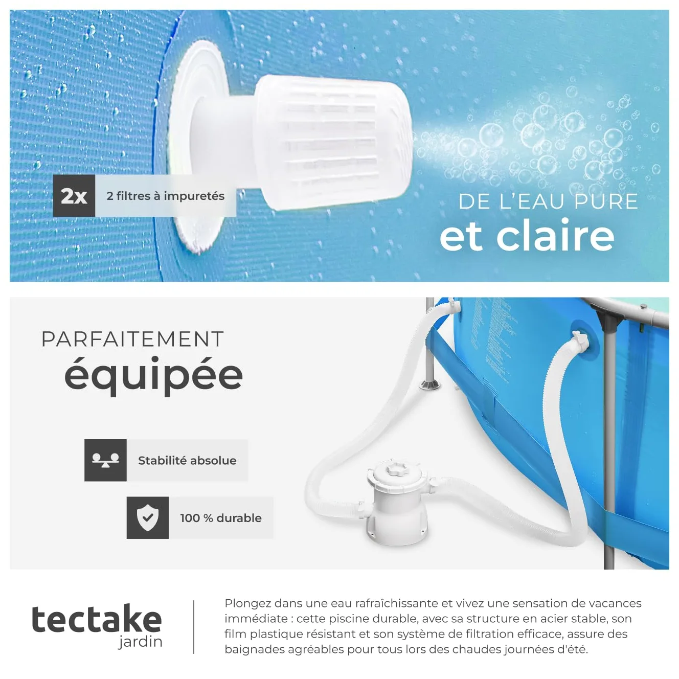 tectake® Piscine Tubulaire Ronde Piscine Hors Sol Ø360 x 76 cm Bleu, Structure en Acier, PVC Résistant aux UV & à la déchirure, avec Pompe Piscine à Filtre, Montage & démontage Facile