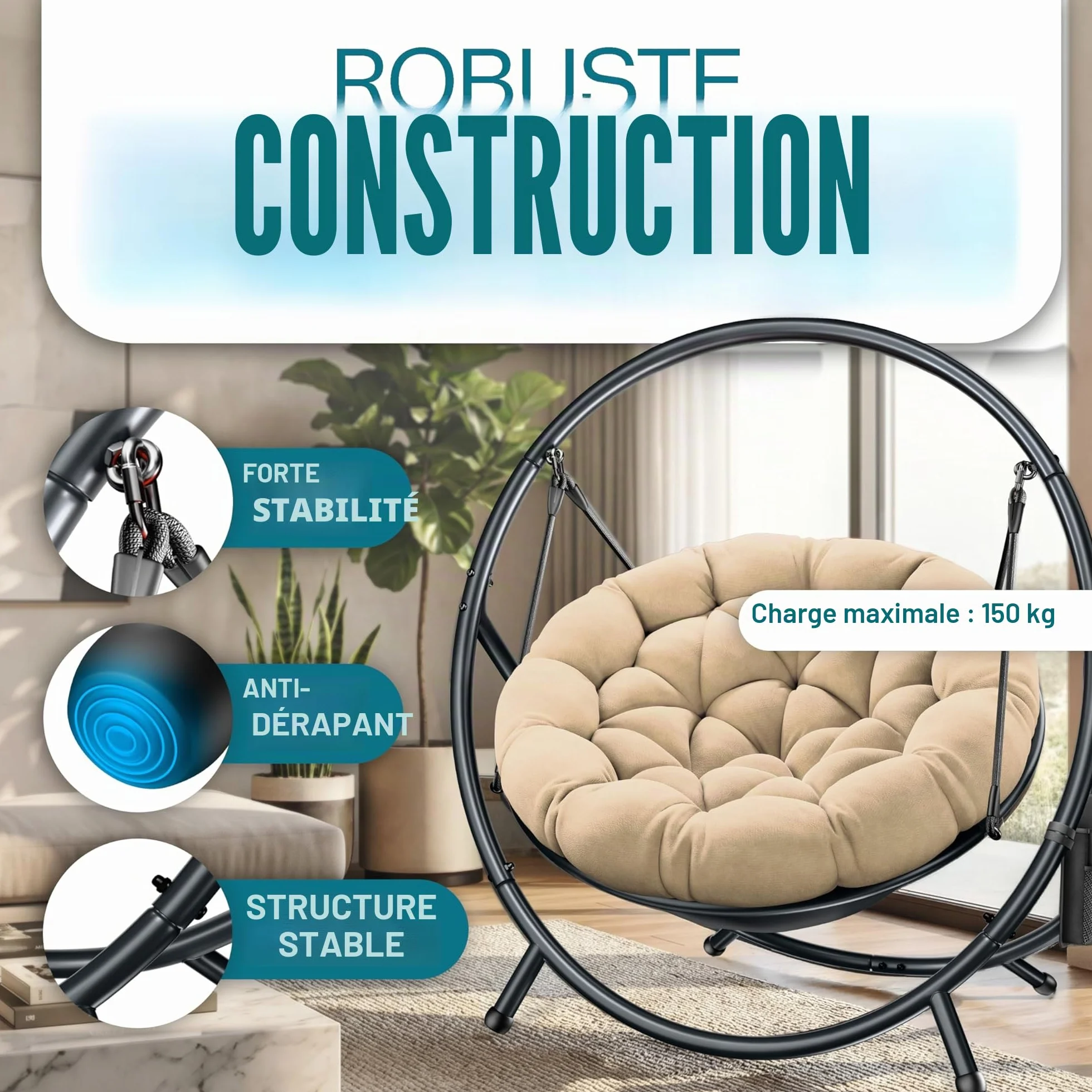 KESSER Fauteuil suspendu Bali balançoire chaise 150 kg acier intérieur extérieur coussin poche latérale