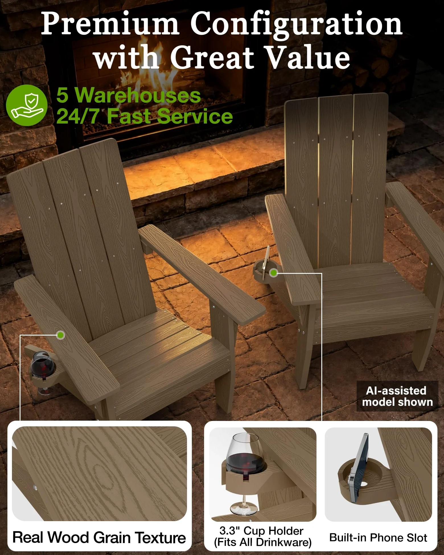 MXIMU Chaise Adirondack Moderne résistante aux intempéries avec Porte-gobelet – Chaises d'extérieur en Plastique surdimensionnées pour Foyer (Teck)