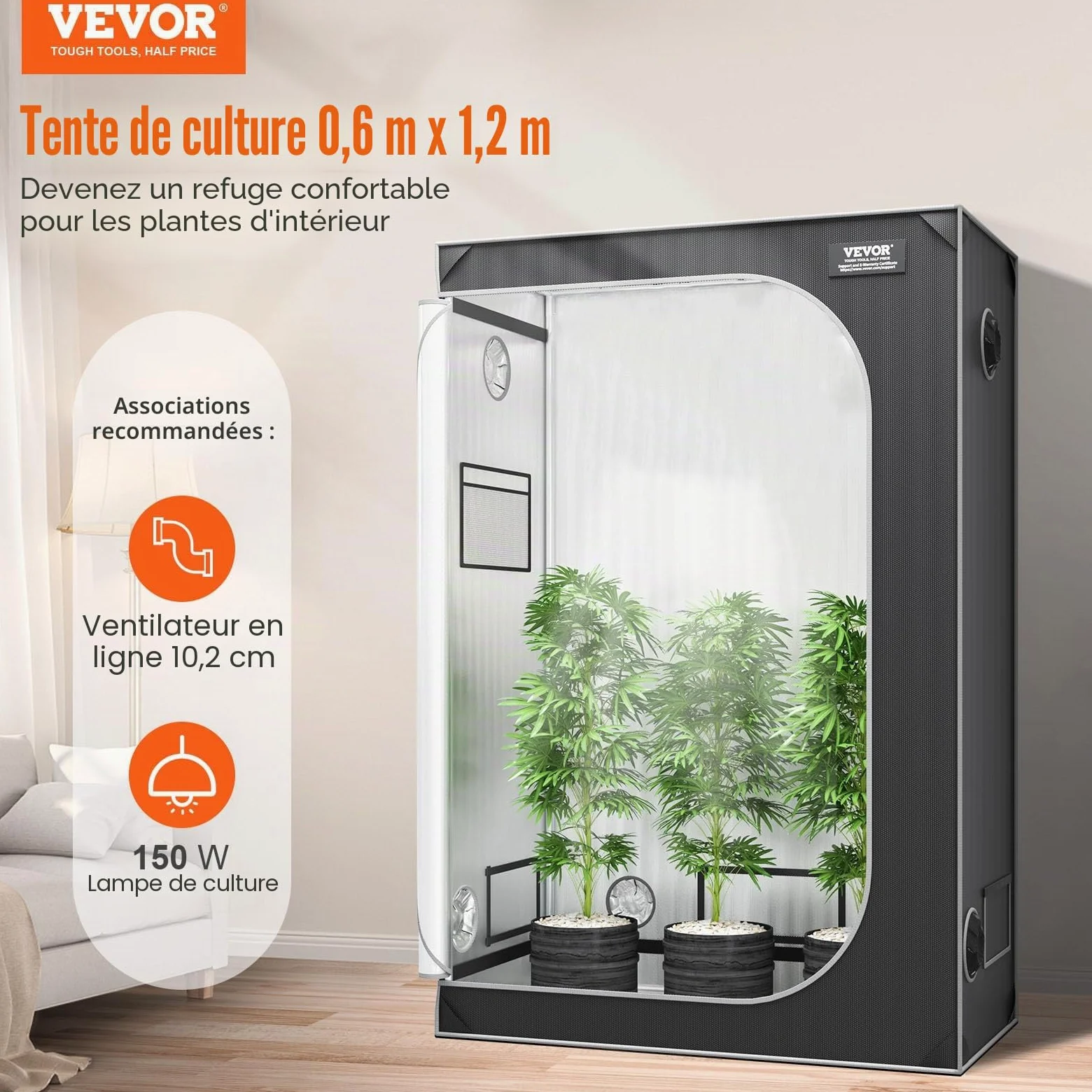 VEVOR 2x4 Grow Tent, 48'' x 24'' x 72'', High Reflective 2000D Mylar Hydroponic Growing Tent with Observation Window, Tool Bag and Floor Tray for Indoor Plants Growing