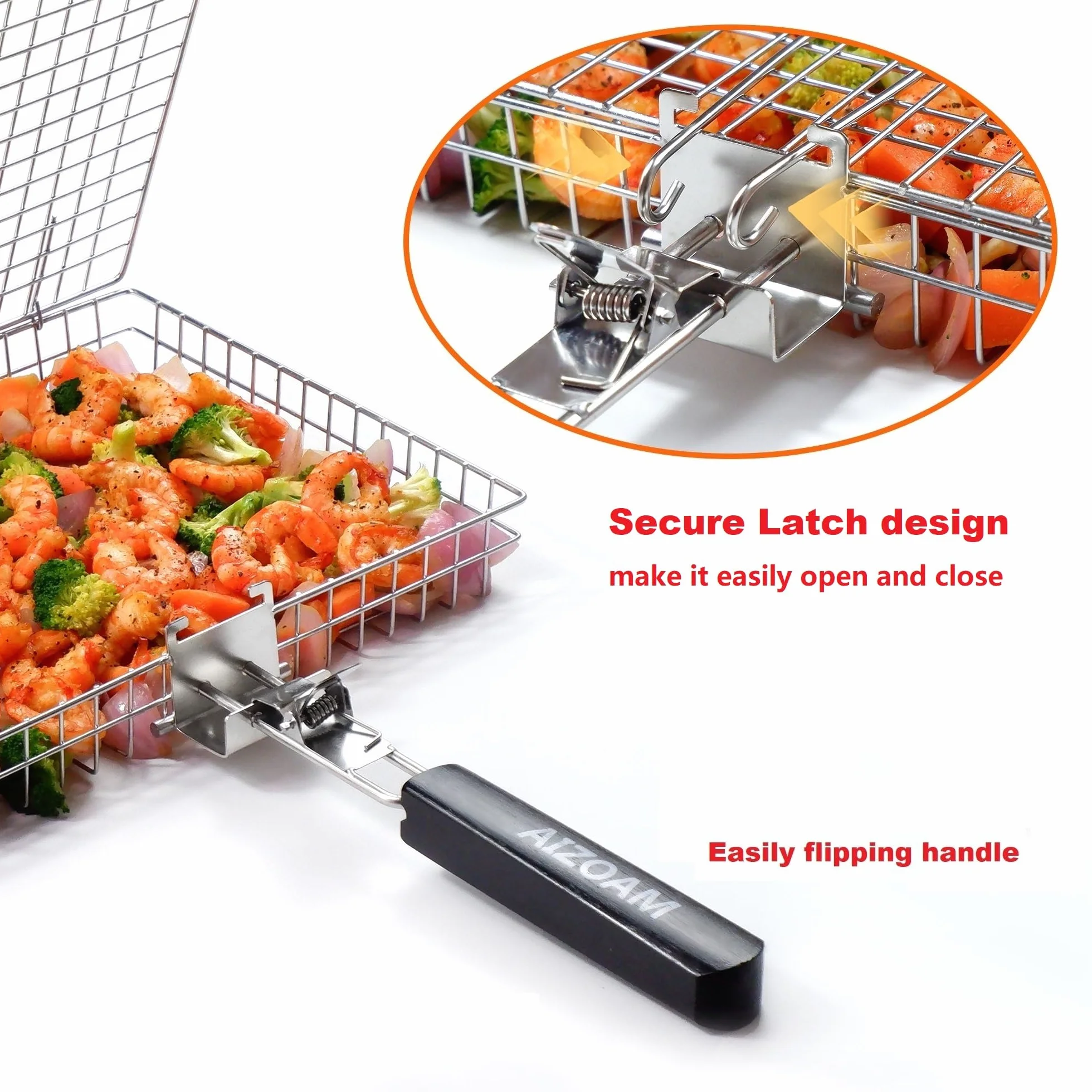 Panier de barbecue – Paniers de barbecue pour barbecue extérieur, grand panier de barbecue en acier inoxydable avec poignée amovible, support de barbecue portable pour poisson, idéal pour la