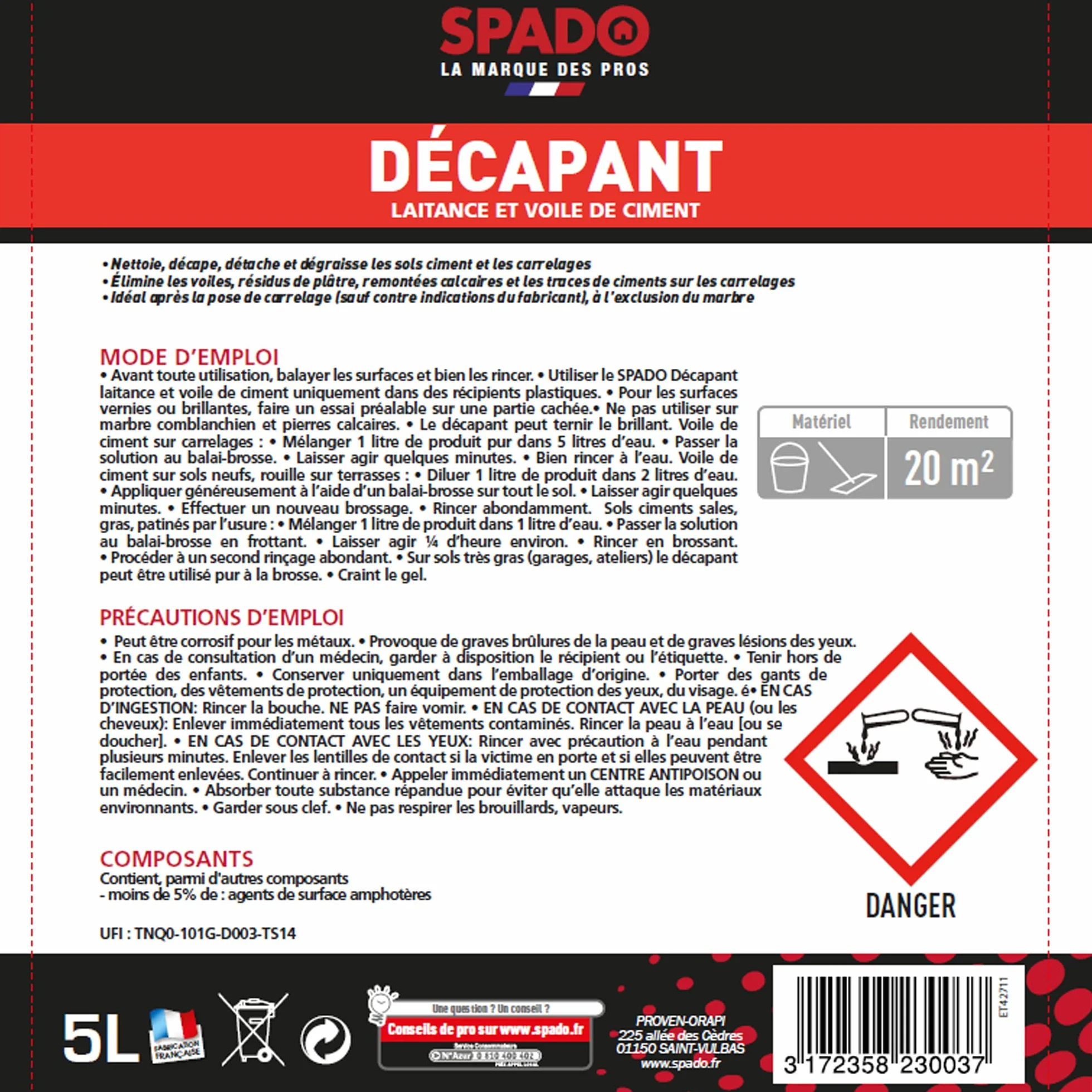 SPADO Décapant laitance et voile de ciment 5 L Fabriqué en France