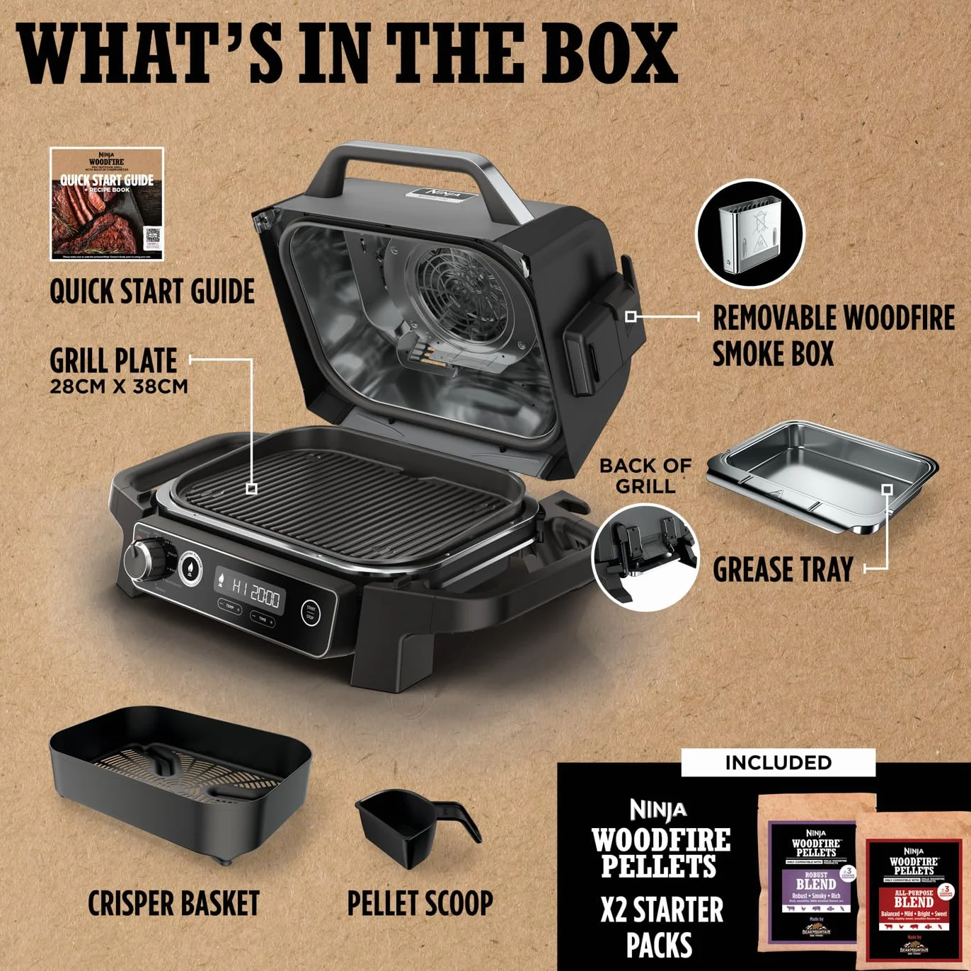 Ninja Woodfire Electric BBQ Grill & Smoker, 7-in-1 Outdoor Barbecue Grill & Air Fryer, Roast, Bake, Dehydrate, Uses Woodfire Pellets, Non-Stick, Portable, Gift for her / him, Grey/Black, OG701UK