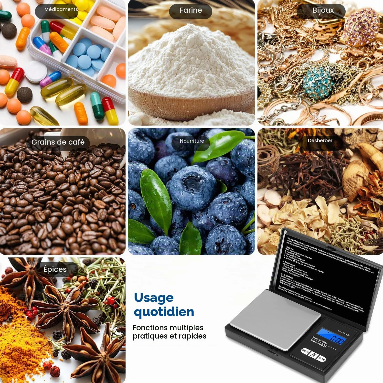Balance de Précision Oderra 700g/0.01g, Balance à Bijoux Portable avec Écran LCD Rétroéclairé