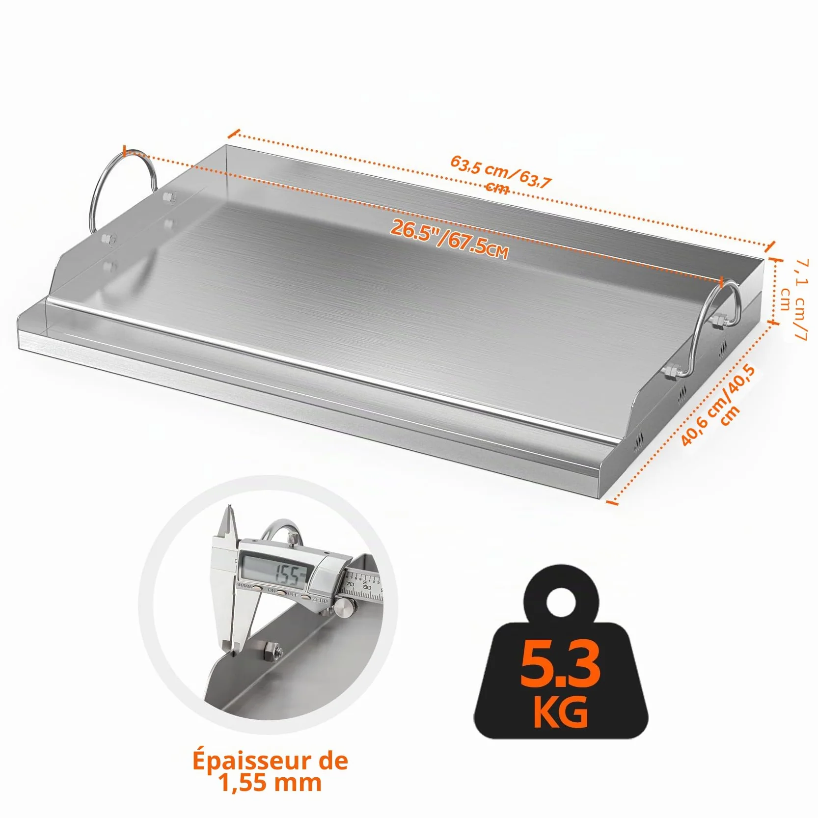 Onlyfire Grande Plaque Plancha en Inox 63.7 x 40.5 cm pour Barbecue Gaz Charbon