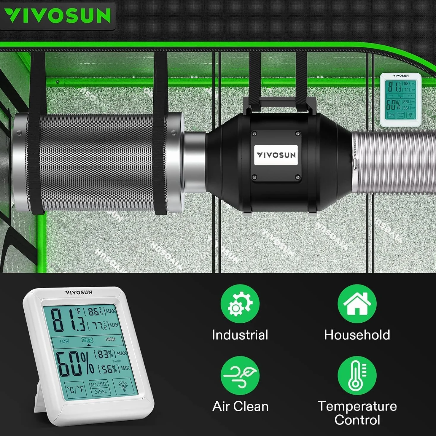 VIVOSUN Ventilateur en Ligne 200mm Extraction 1223m³/h Régulateur Vitesse Filtre à Charbon Conduit 760cm pour Tentes de Culture