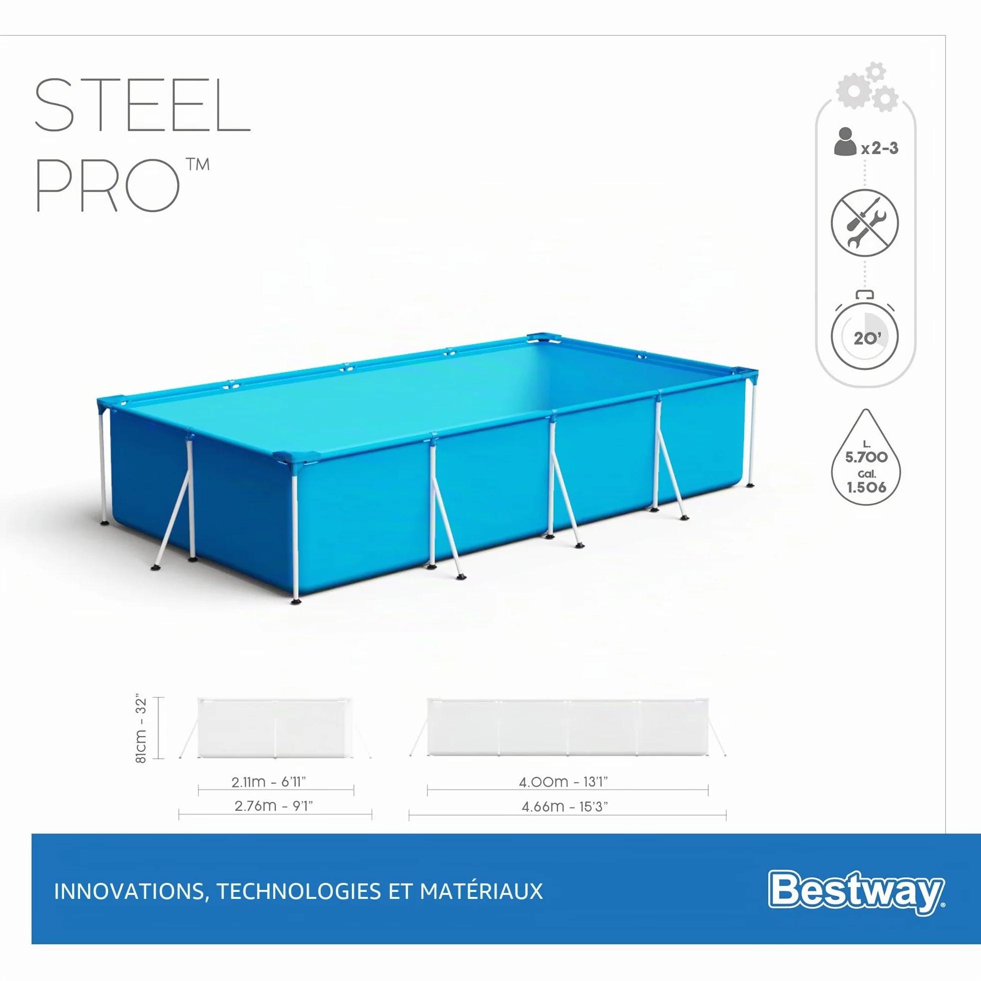 Bestway Steel Pro Piscine rectangulaire enfant cadre acier pompe filtrante 400 x 211 x 81 cm Bleu