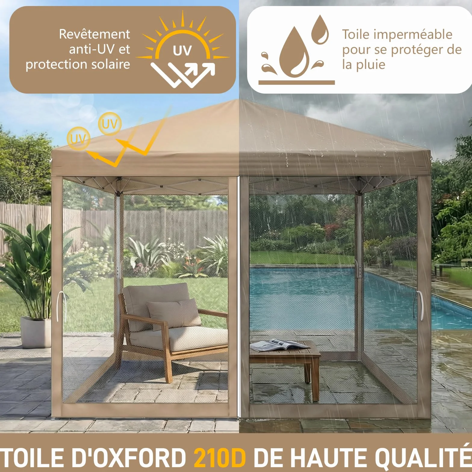 LEADZM Tonnelle Pliable 3x3 m Imperméable Anti-UV 50+, Hauteur Ajustable avec 4 Moustiquaires, Structure Stable, pour Jardin, Terrasse, Camping Et Usage Professionnel,Kaki