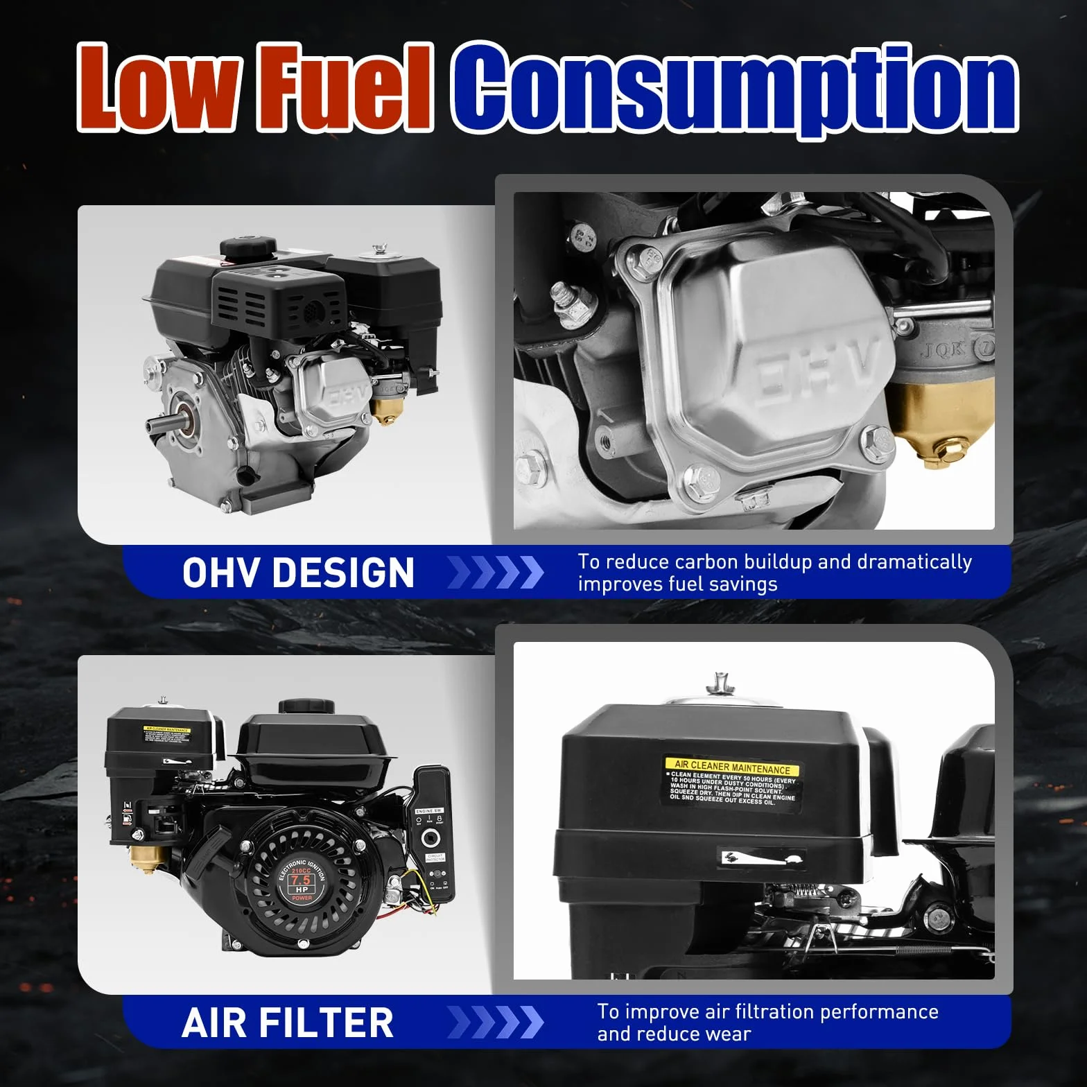 Moteur à essence 4 temps 7,5 CV avec démarreur électrique | Moteur industriel OHV 210 cc (3600 tr/min, couple 10,8 Nm) pour nettoyeur/générateurs haute pression, système de protection refroidi par air