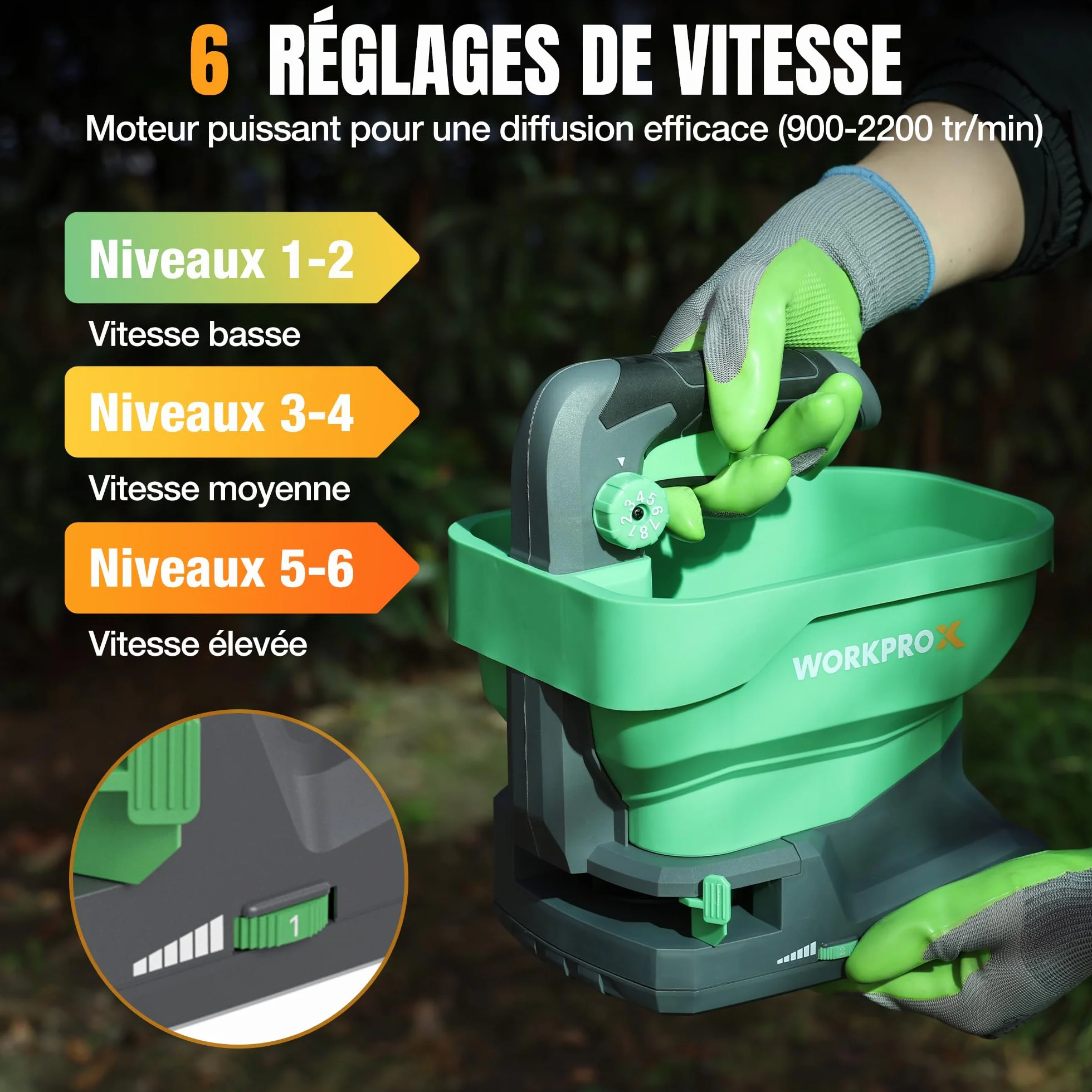 WORKPROX Épandeur de Graines Électrique 7,2 V 8 Débits 6 Vitesses Largeur Réglable Batterie Intégrée 2,0 Ah