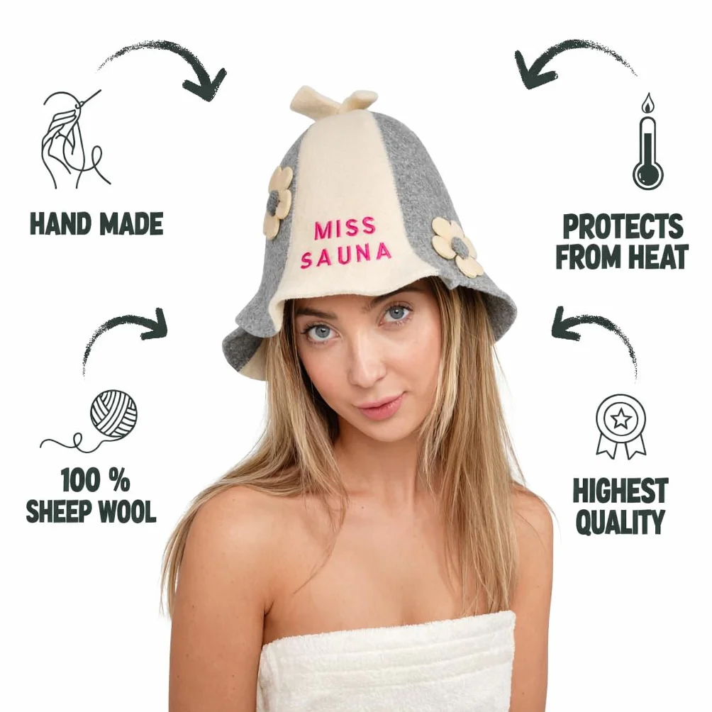 Chapeau de Sauna Miss Sauna Flowers Blanc/Gris 100% Feutre de Laine Biologique