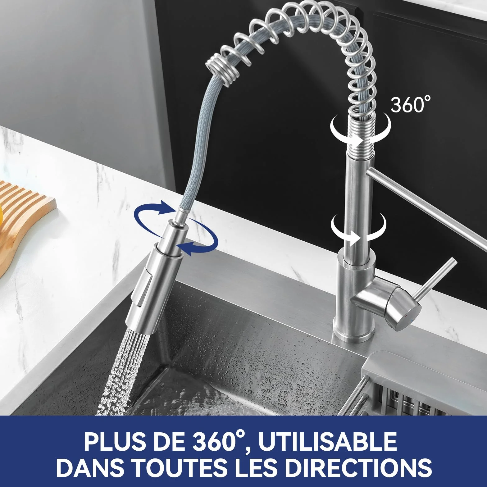 CECIPA Robinet Cuisine Mitigeur Avec Douchette Extractible, Acier Inoxydable Brossé, Arc Élevé Rotatif 360°