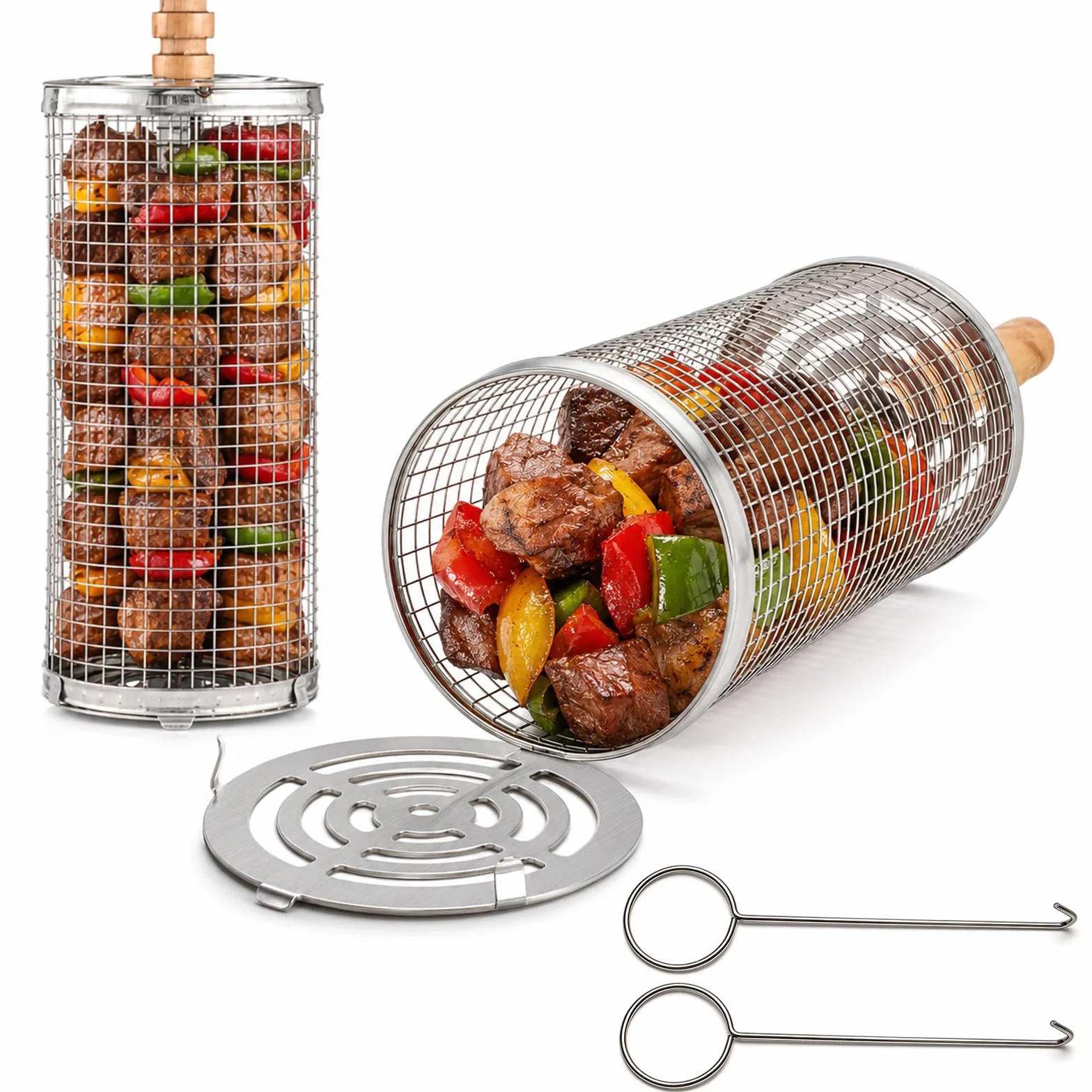 Panier à Barbecue Roulant Gigogne, Poignée Amovible, Acier Inoxydable 304, Grand + Petit, Accessoires pour Légumes, Ustensiles de Cuisine Extérieur Camping, Cadeau Anniversaire Homme Papa