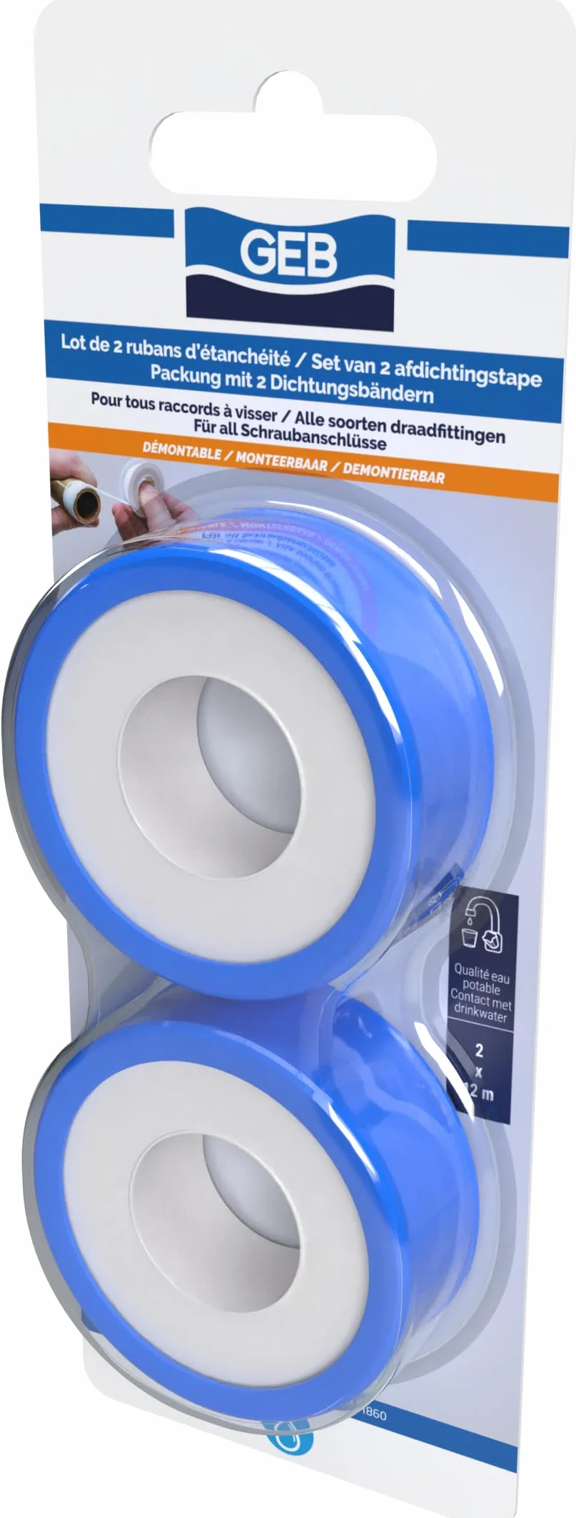 GEB Ruban d'étanchéité PTFE 12 m x 12 mm pour raccords filetés, eau potable, Blanc