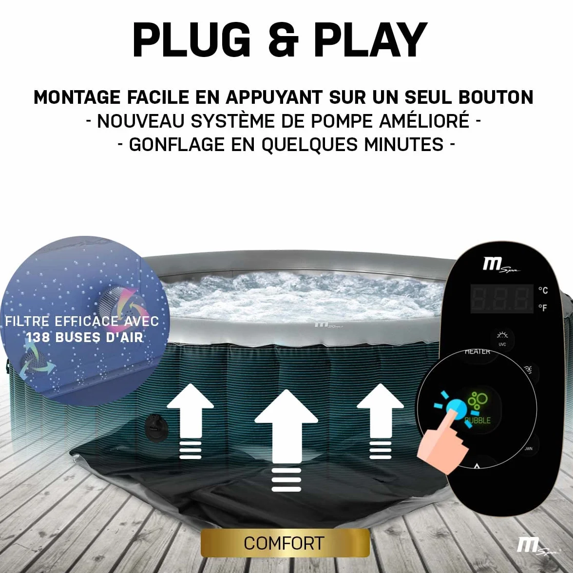 Miweba MSpa Spa Gonflable Extérieur Bergen C-BE041 | Rond ⌀ 180,0 cm - Spa Gonflable 4 Personnes - Nettoyage UV-C - Jusqu'à 1077 L - 40°C - Télécommande - 118 Jets (4 Personnes)