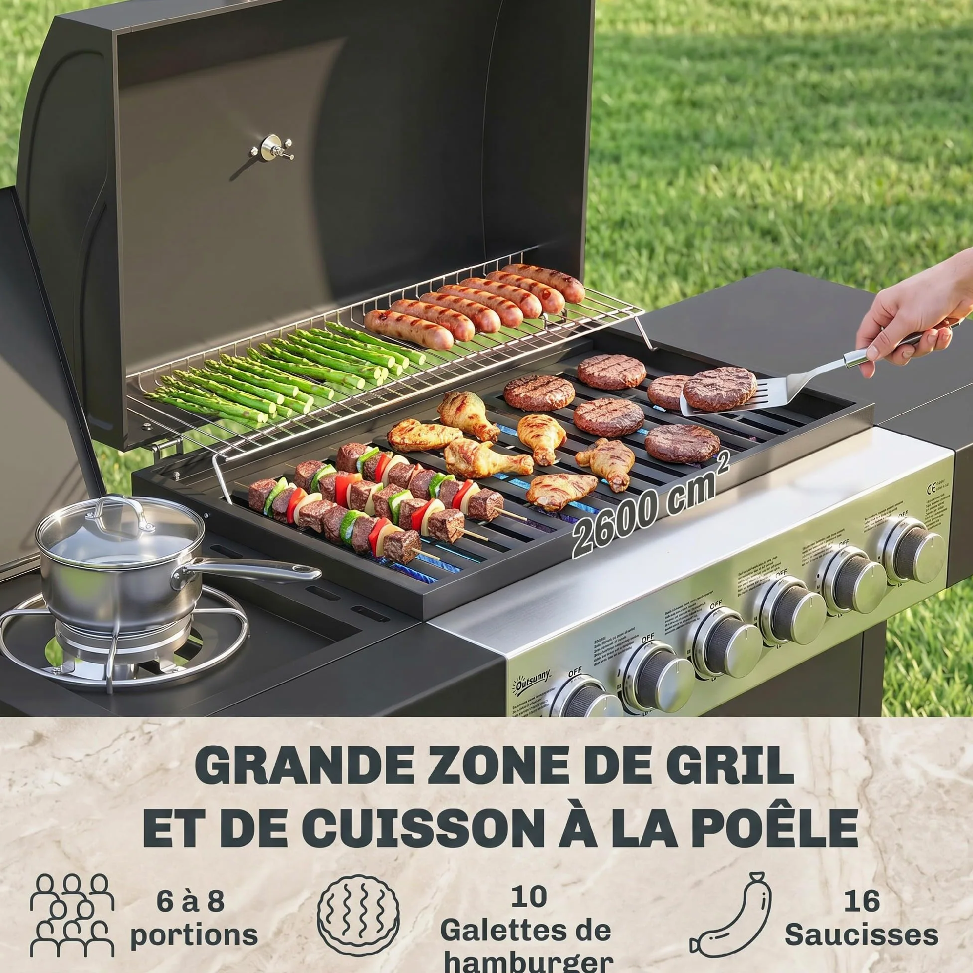 Outsunny Barbecue à gaz 6+1 brûleurs chariot portable avec roues, grille de maintien au chaud, thermomètre intégré, étagères latérales, placard et couvercle Noir