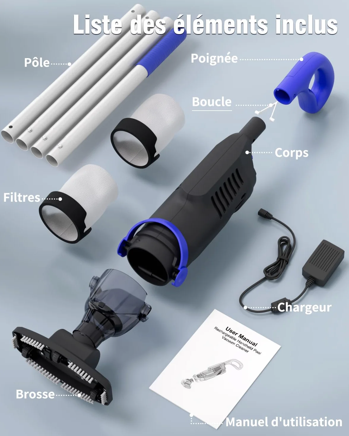 Little Shark Aspirateur de Piscine Hors Sol 60 W 5000 mAh Compact Léger Noir