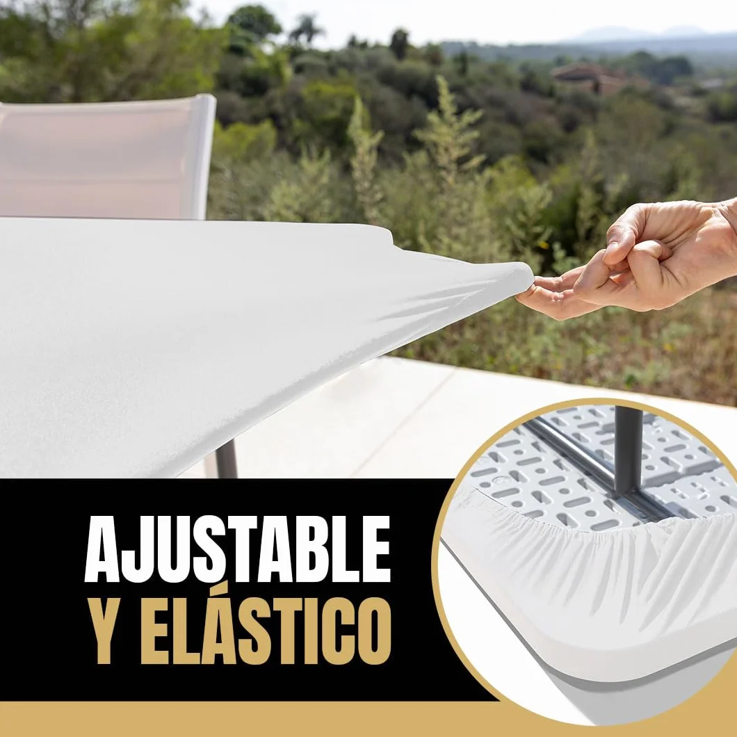 Lot de 2 Nappes Table Pliante 180 cm Blanches Housses Plateau Ajustées Tissu Spandex Déperlant Mariage Baptême