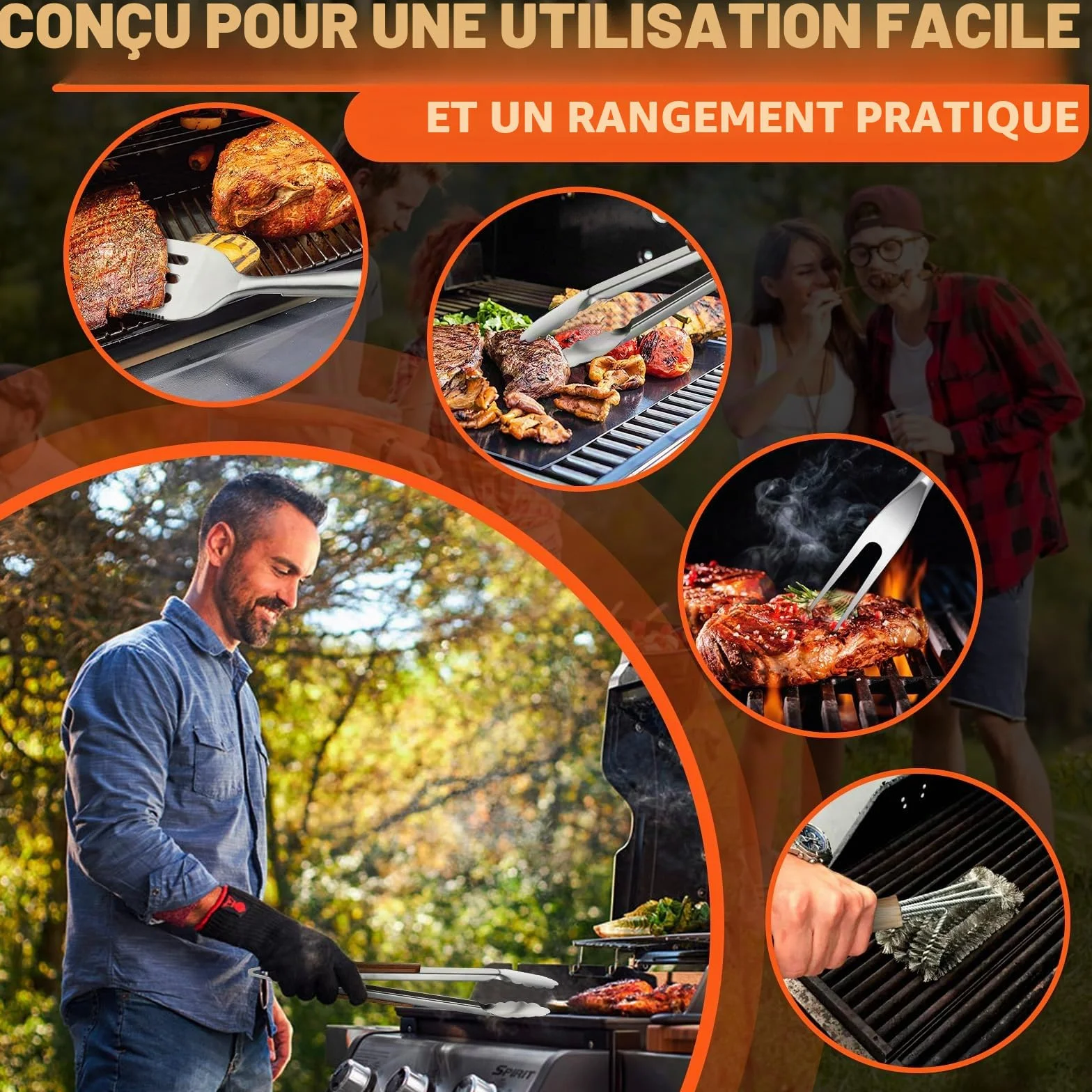 TIVOLI Lot de 4 ustensiles de barbecue en acier inoxydable avec poignées en bois
