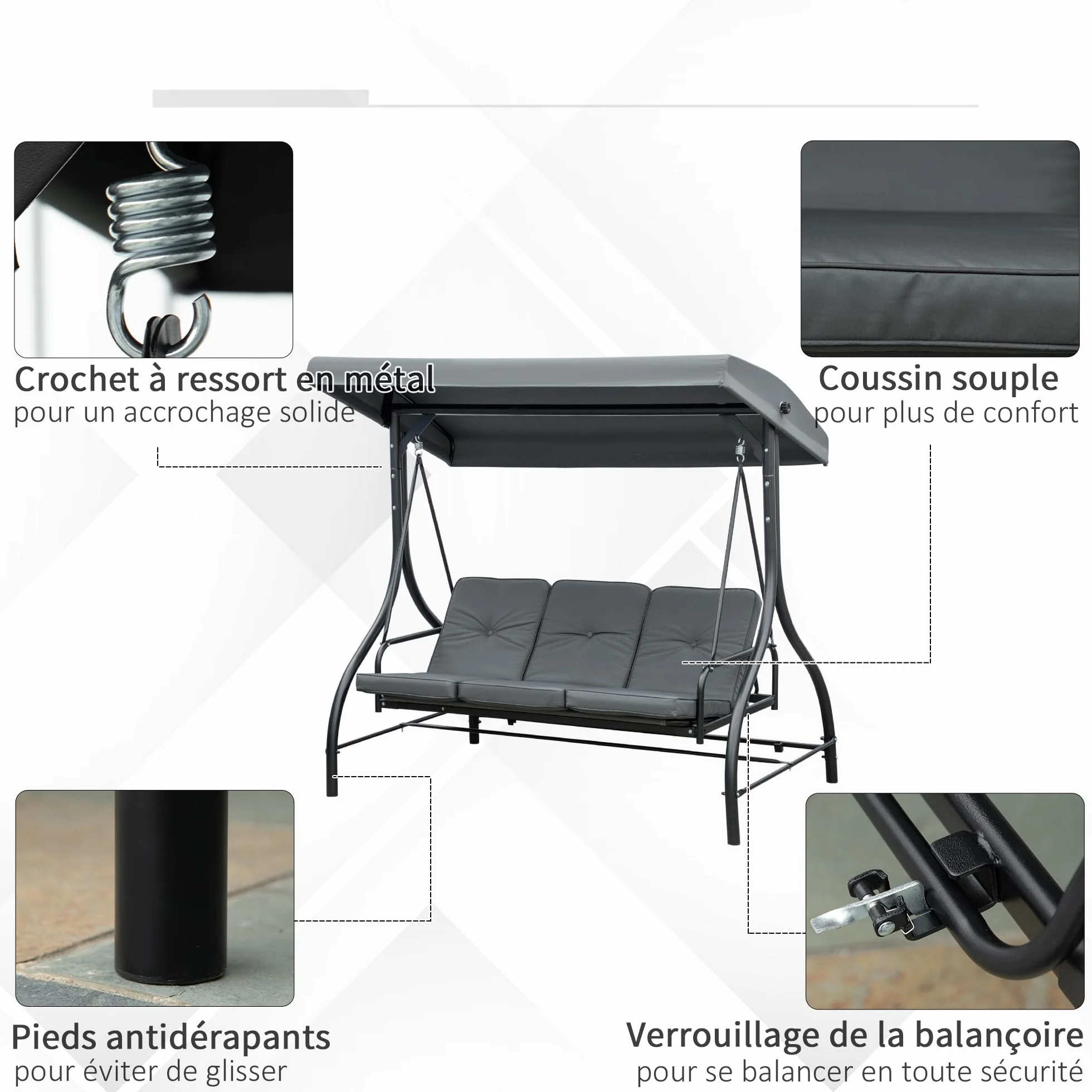 Outsunny Balancelle de Jardin 3 Places Convertible Toit réglable Matelas 7 cm Gris métal époxy Noir