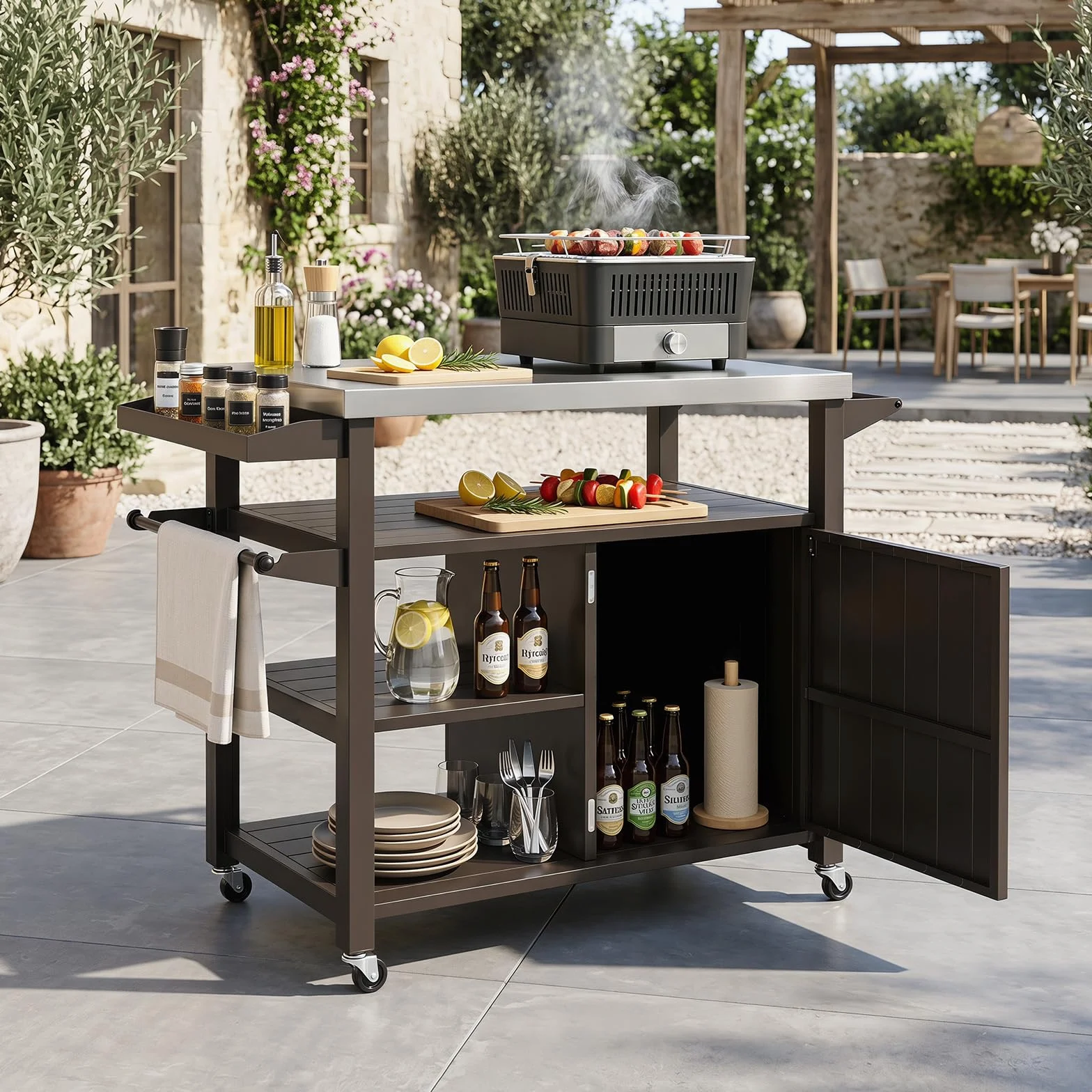 COSTWAY Chariot de Barbecue Extérieur Acier Inoxydable avec Rangement 116x50x87 cm
