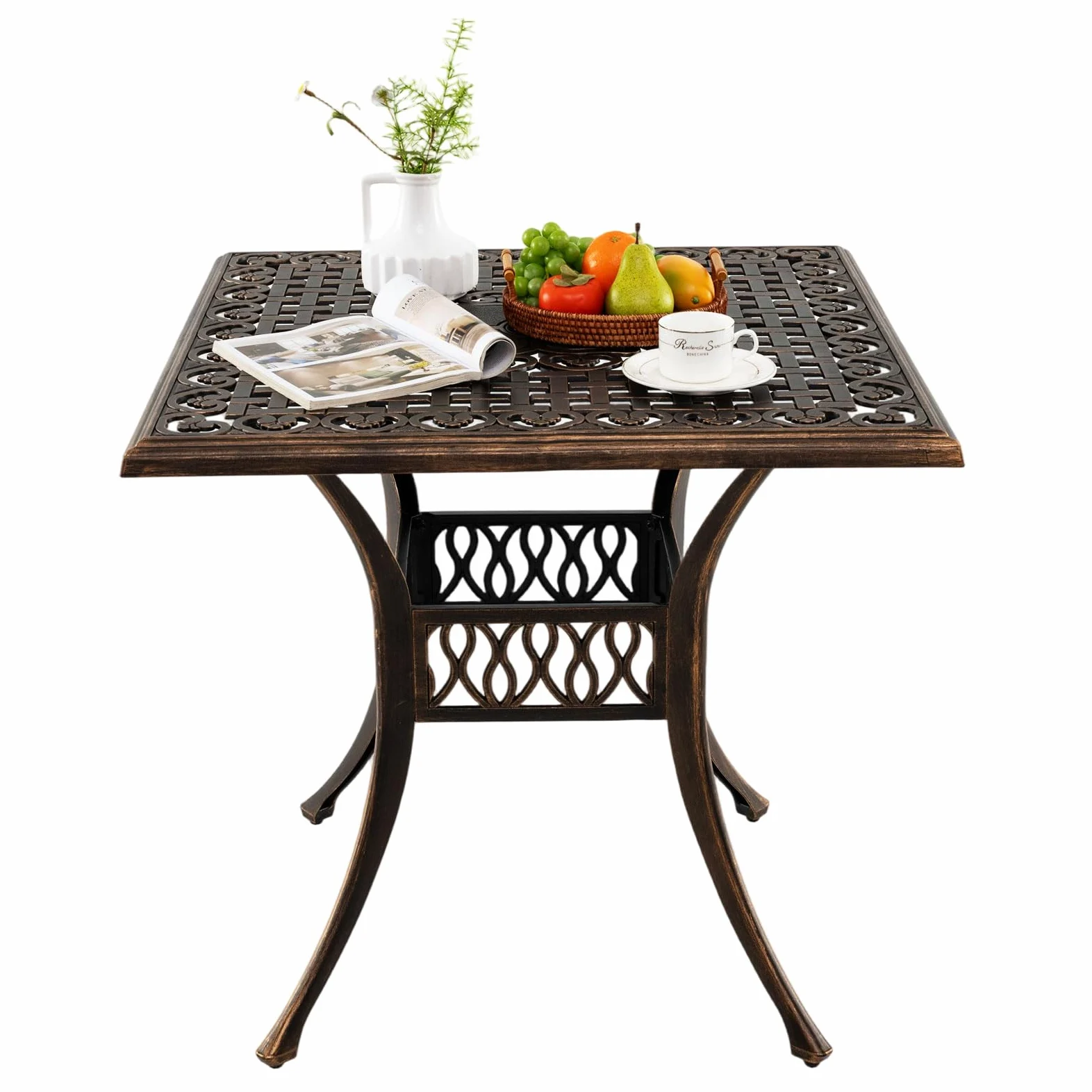 GIANTEX Table de Jardin Bronze avec Trou de Parasol de Ø 4,8 cm, Table de Balcon en Fonte d'Aluminium 80 x 80 cm pour 4 Personnes, Pieds Réglables, pour Terrasse, Jardin