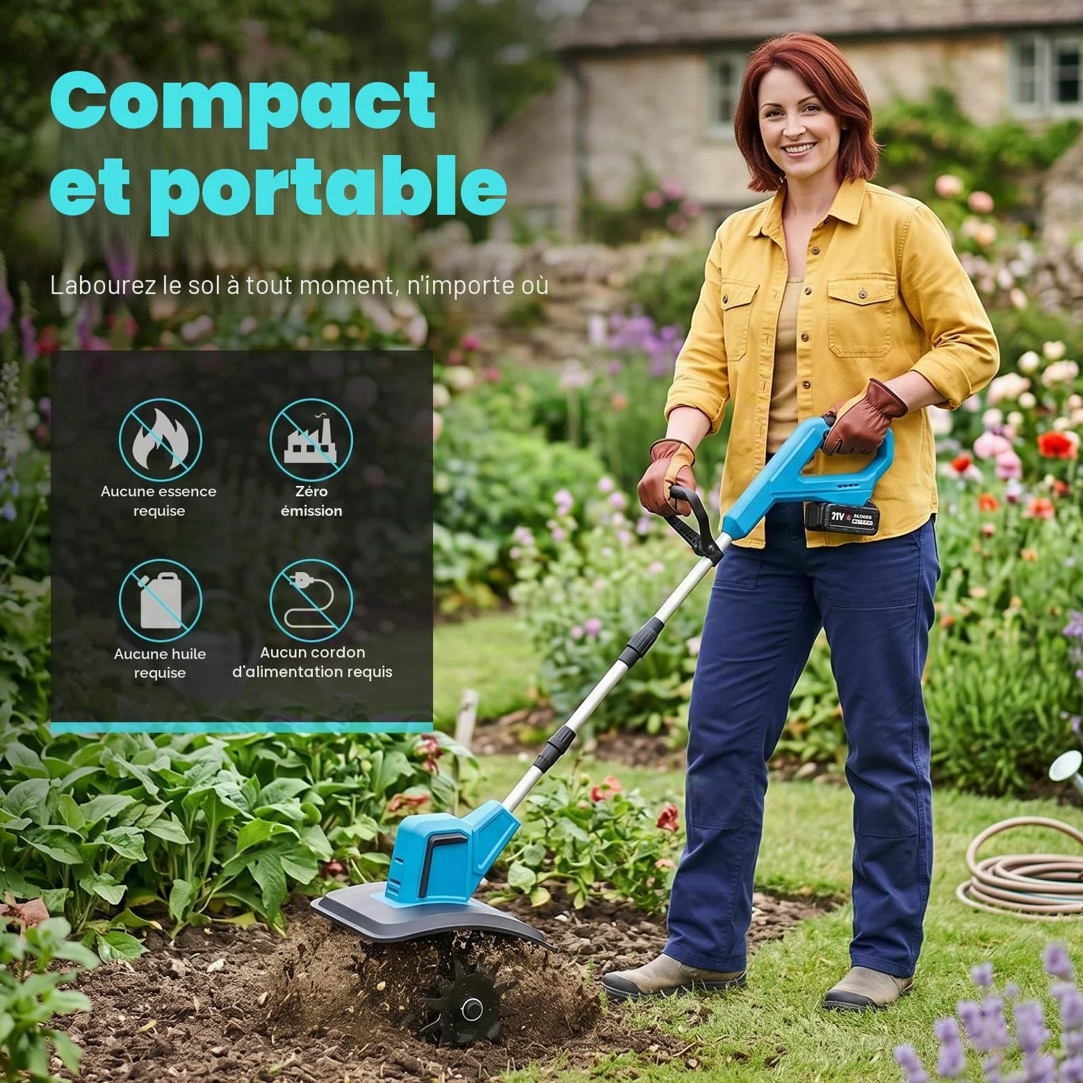 Hachoir de sol sans fil pour Makita 18 V, 550 W, profondeur de travail du sol, largeur d'usinage de 20 cm, 360 tr/min, profondeur de fraisage avec poignée supplémentaire réglable