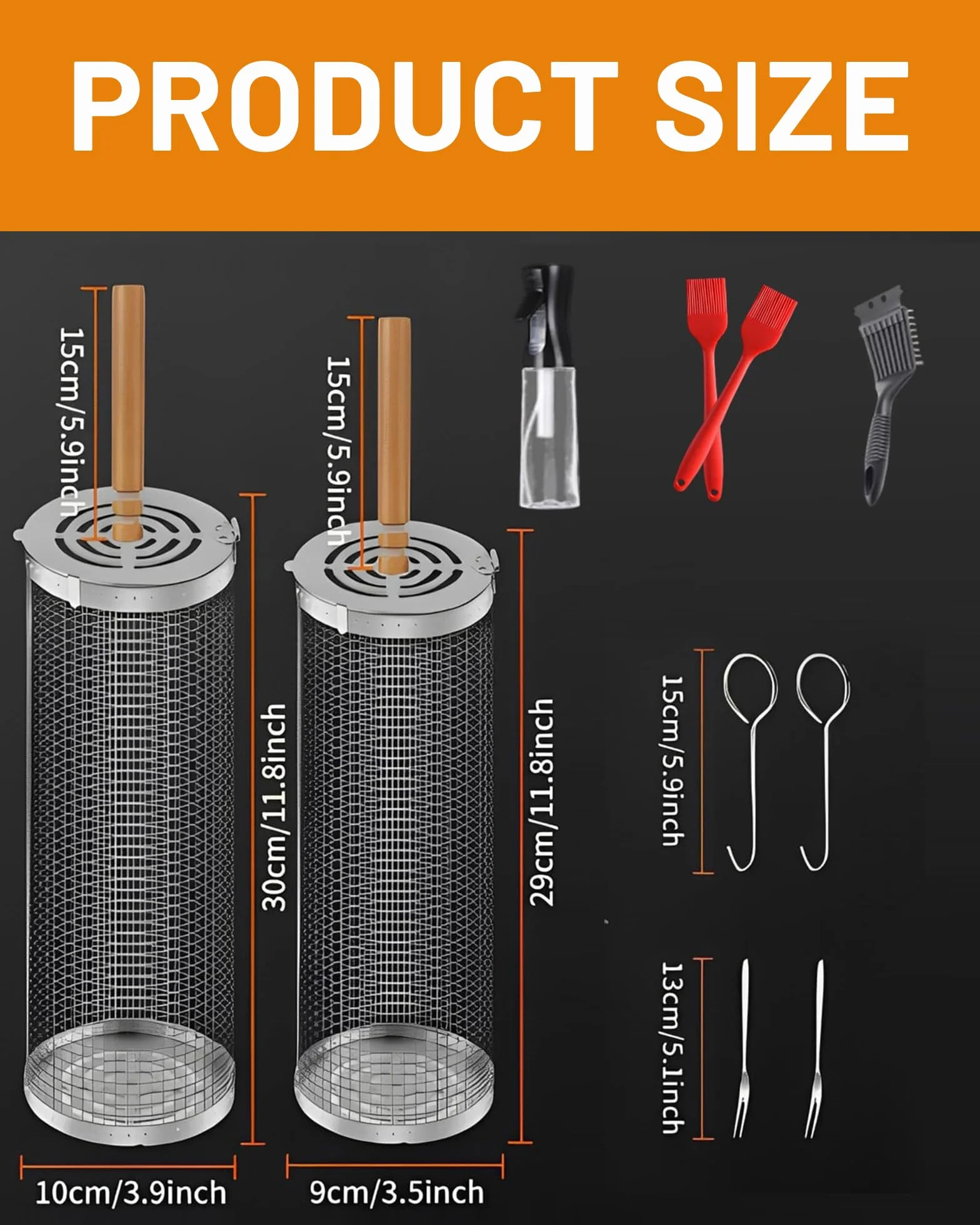 Ensemble de paniers de grillage enroulable emboîtables 2 Paniers de barbecue cylindriques en acier inoxydable avec poignée en bois (30×10cm + 29×9cm) accessoires de barbecue pour légumes en extérieur