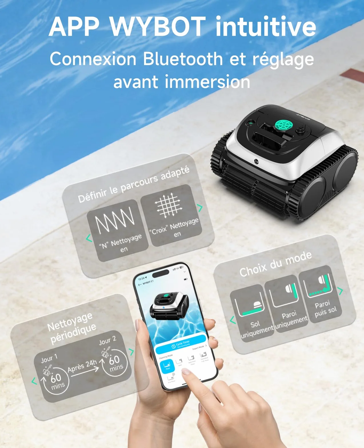WYBOT C1 Robot Piscine Fond et Parois 150 Min Aspirateur Piscine Intelligente Nettoyage Automatique Sol 150m²