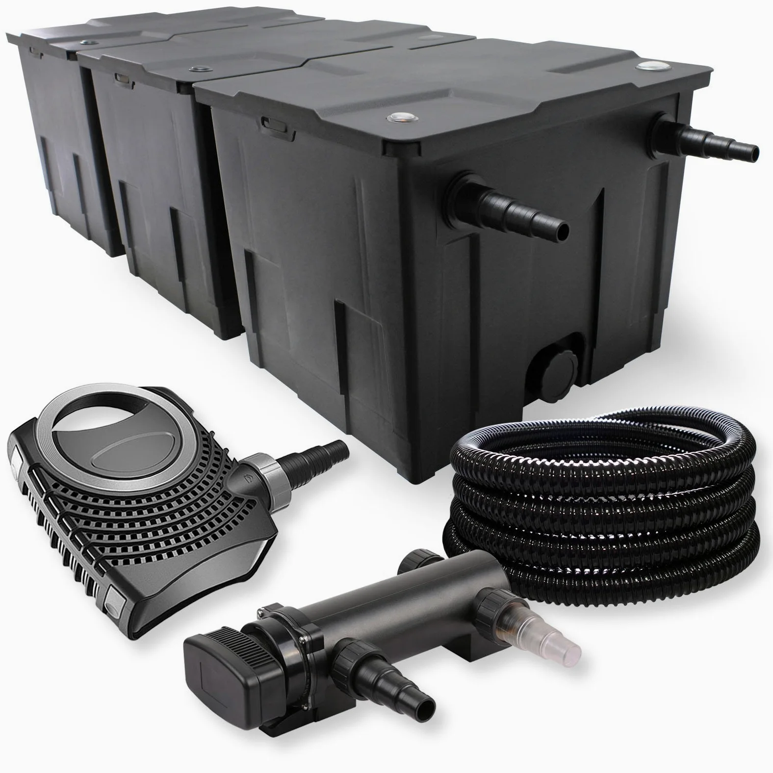 SunSun Kit complet: CBF-350C Filtre de bassin jusqu'à 90000 L Biologique, CTF-8000 SuperECO pompe de filtration 8000l/h 70W, CUV-318 lampe uv UVC Clarificateur avec 18W, 25m Tuyau 25 mm