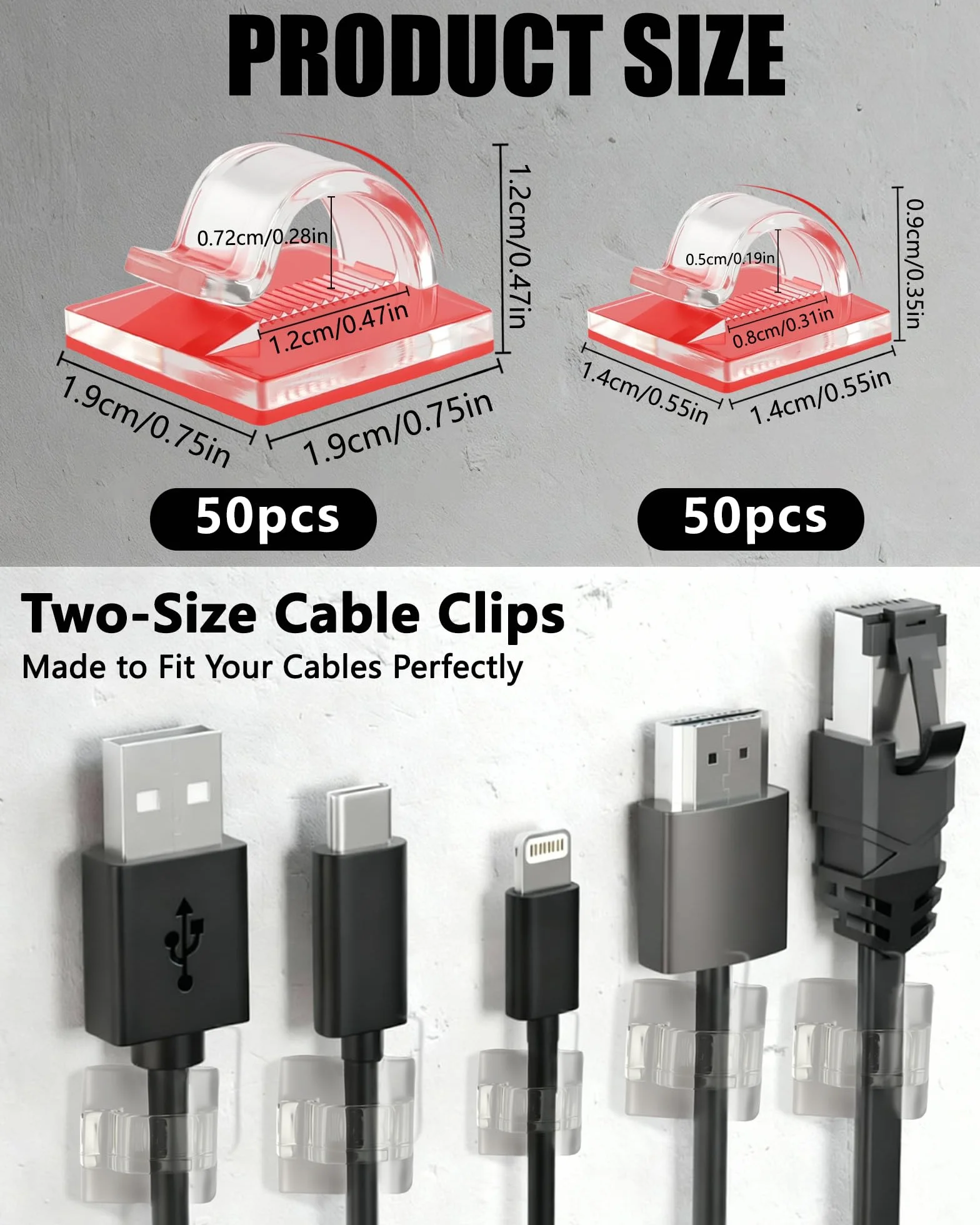 Clips Câbles Autocollants sans Perçage 100 PCS, Adhésif Fort sans Trace, Rangement Cable pour Bureau Mur Guirlande, Transparent
