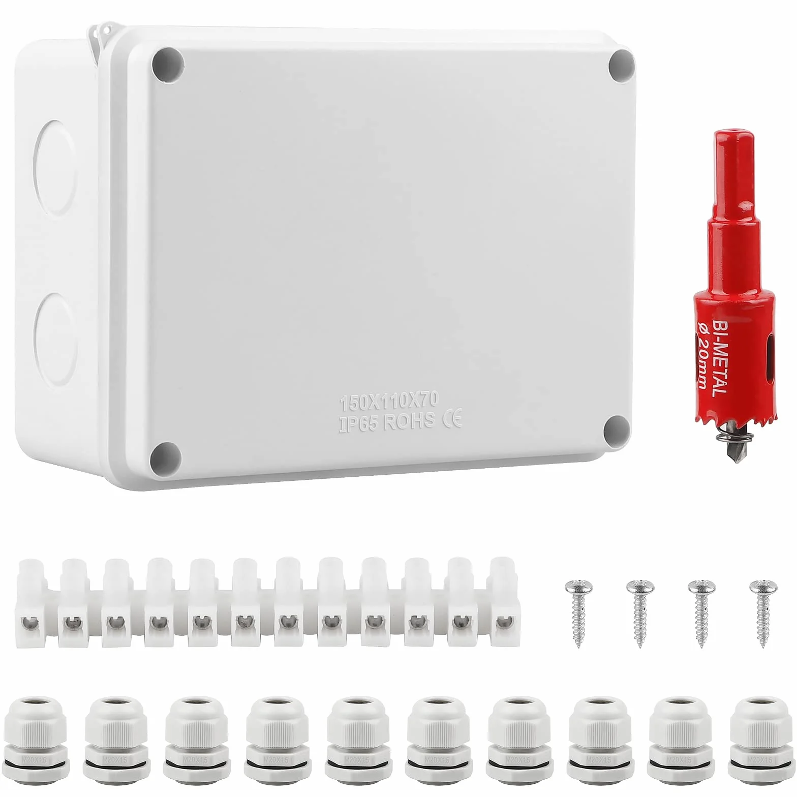 Boîte de Dérivation Étanche IP65 150x110x70mm Carrée Blanc avec Passe Cable Ø6-12 mm