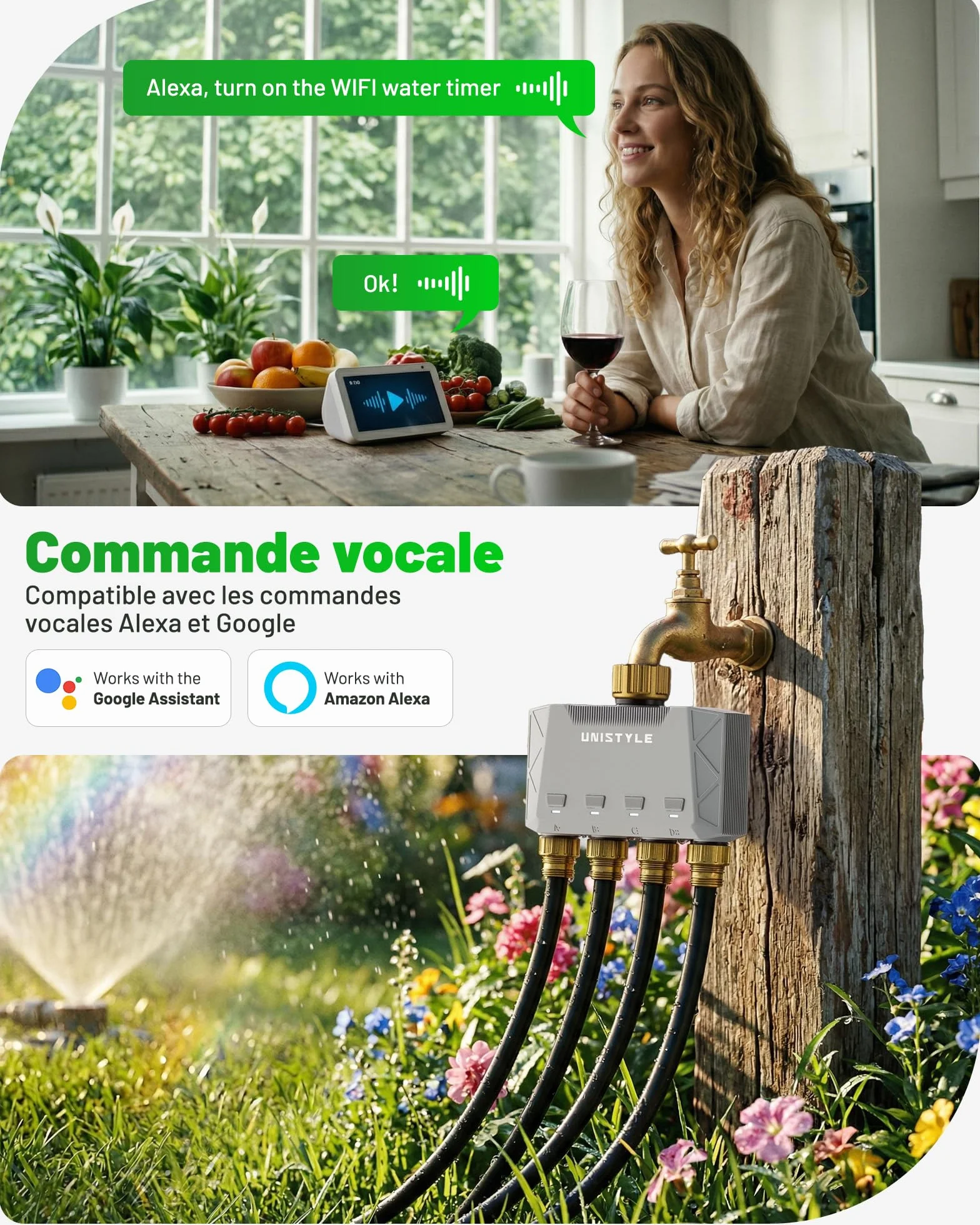 Programmateur Arrosage Connecté WiFi 4 Voies Unistyle – Contrôle via App 5 Programmes Jardin Automatique