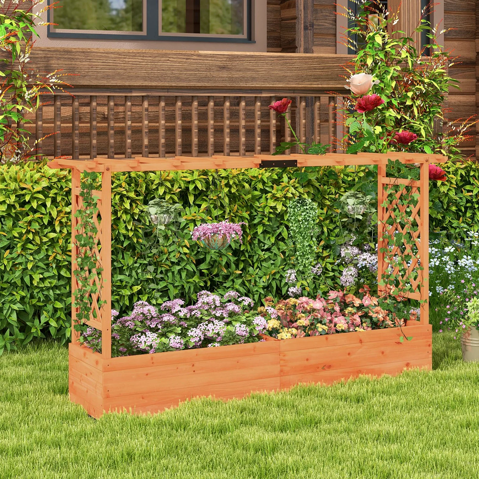 HOMASIS Jardiniere Exterieur Grande avec 2 Treillis et Etagère de Toit, Bac à Fleurs Surélevé en Bois pour Plantes Grimpantes, Jardiniere avec Treillis pour Jardin Balcon, 200x44x114cm, Orange