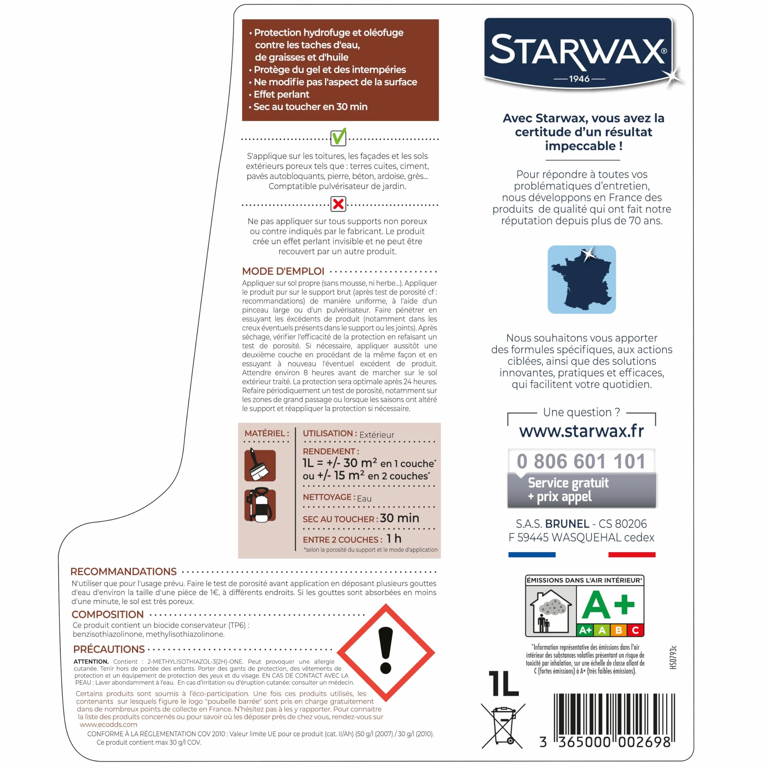 STARWAX Imperméabilisant Toitures Murs Sols Protection Hydrofuge Oléofuge Effet Déperlant Non Glissant Fabriqué France 1L