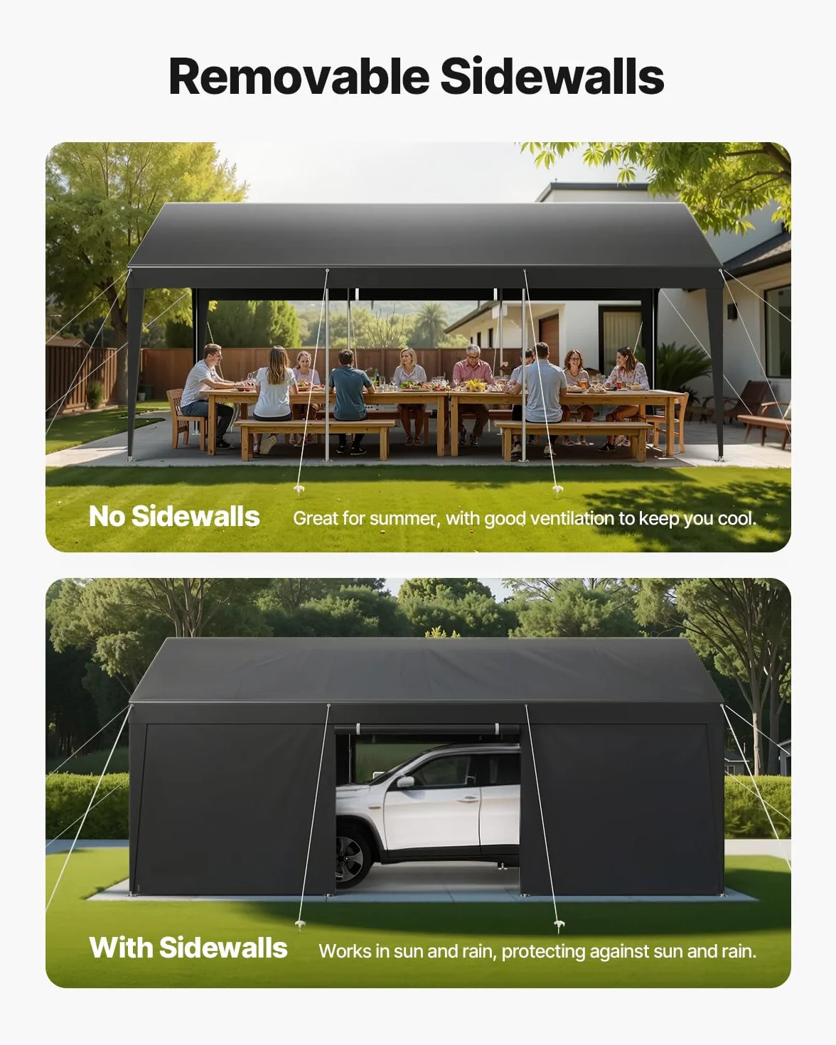 VEVOR Tente Garage, 3,05 x 6,09 m, Carport Abri de Voiture Extérieur avec Parois Latérales Amovibles et Portes, Résistant aux UV et à l'eau, Protection Toutes Saisons pour Automobile et Bateau, Gris