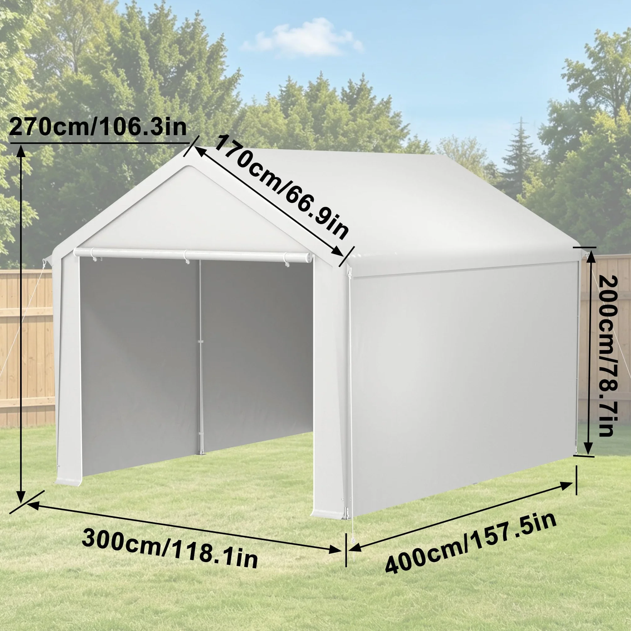 Carport Tente de garage 3 x 4 m, avec bâche en polyéthylène résistante aux intempéries, avec cadre en acier galvanisé, avec piquets et haubans, abri pour voiture, appareils et fournitures