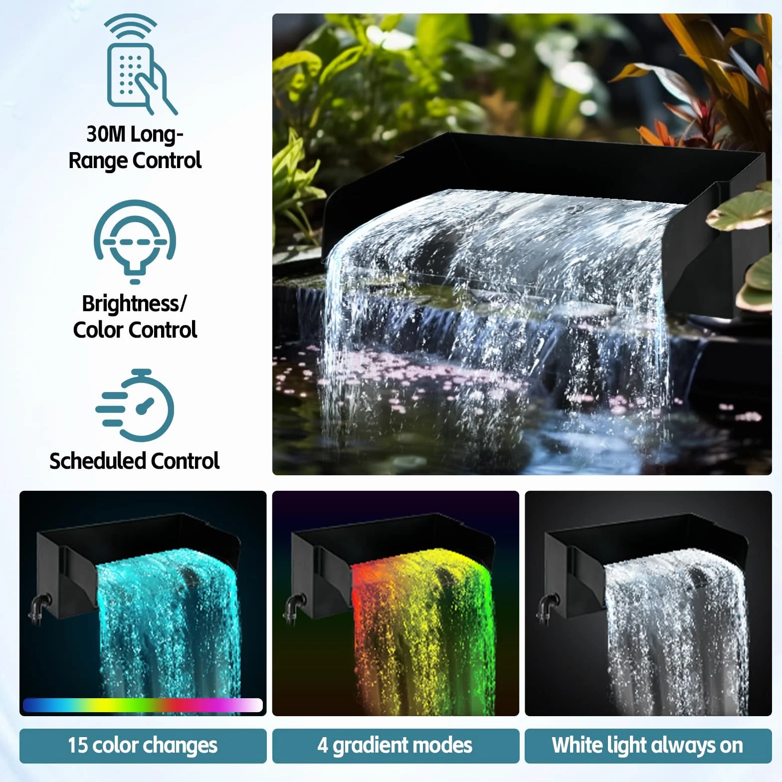 Kit de filtre cascade bassin 45 W 3000 l/h acier inoxydable 30 cm LED colorée