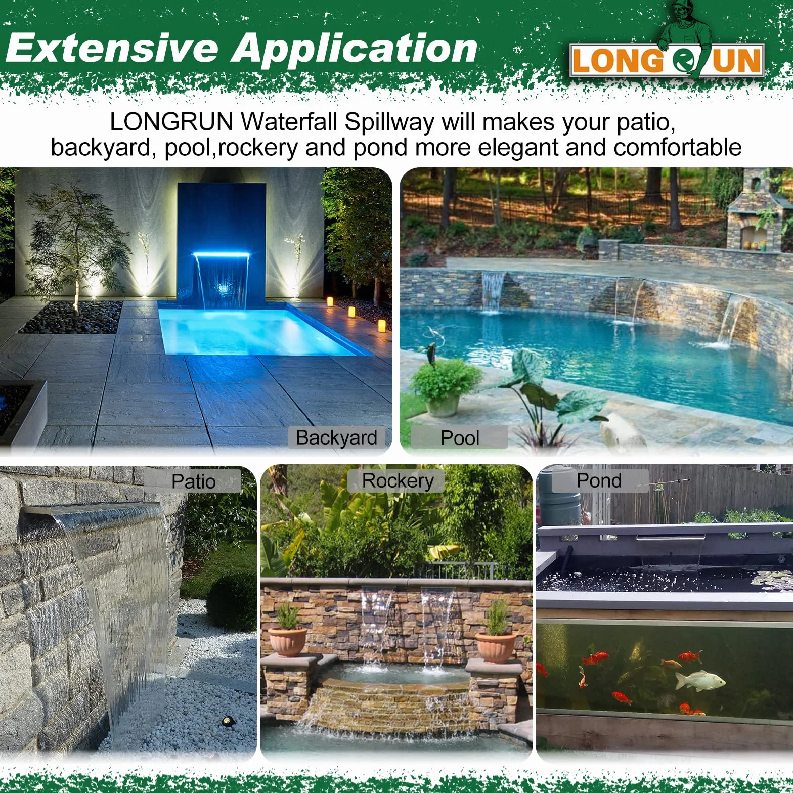 LONGRUN Cascade Piscine Fontaine Lame d'Eau 30cm Acier Inoxydable LED 7 Couleurs
