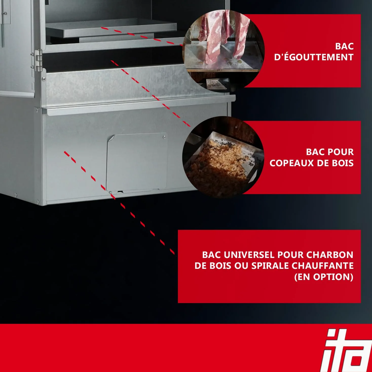 ITA Fumoir 7003 111x29x47 cm - Armoire de fumage premium avec thermomètre et accessoires - Métal galvanisé, Résistant à la corrosion, Durable - Fumoir pour viande, poisson, fromage