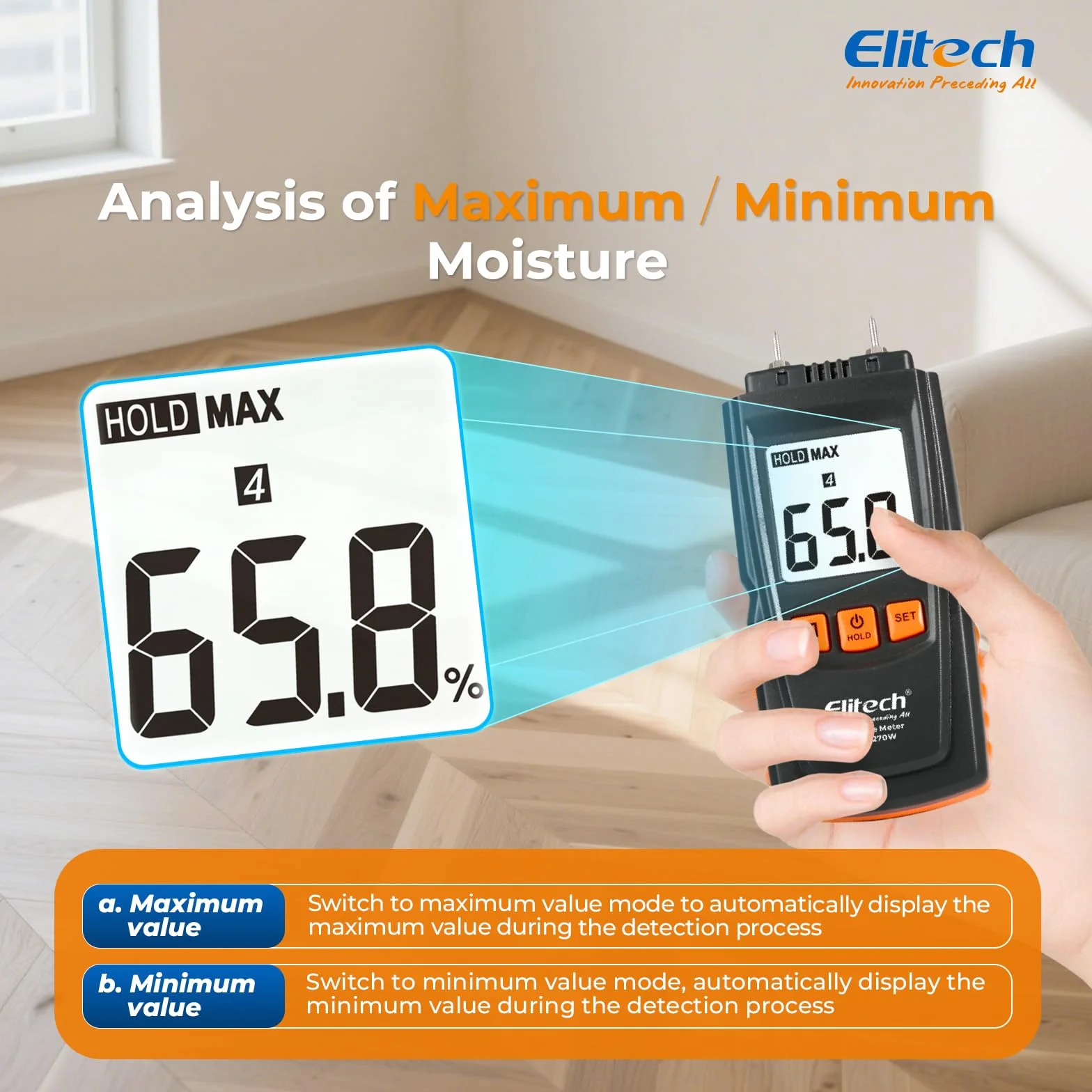 Elitech Humidimètre Numérique pour Bois MOT-270W, Testeur d'Humidité Précision ±2%, Sondes 9,8 mm