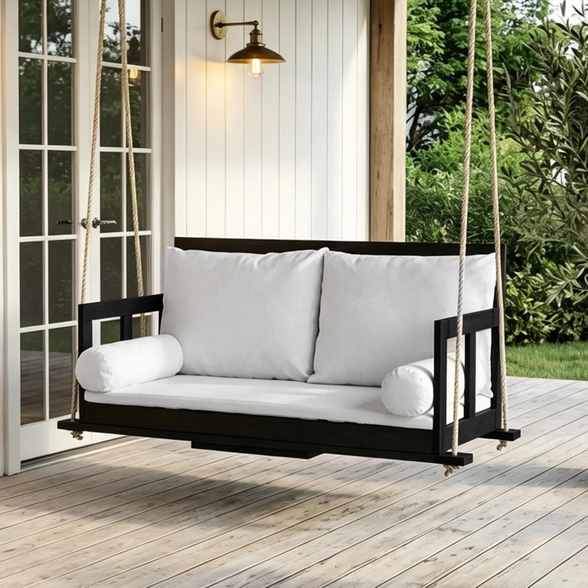Merax Balançoire double en bois d'acacia, balançoire suspendue pour jardin avec coussin amovible et lavable, coussin d'accoudoir et 2 cordes de suspension, bois massif, noir