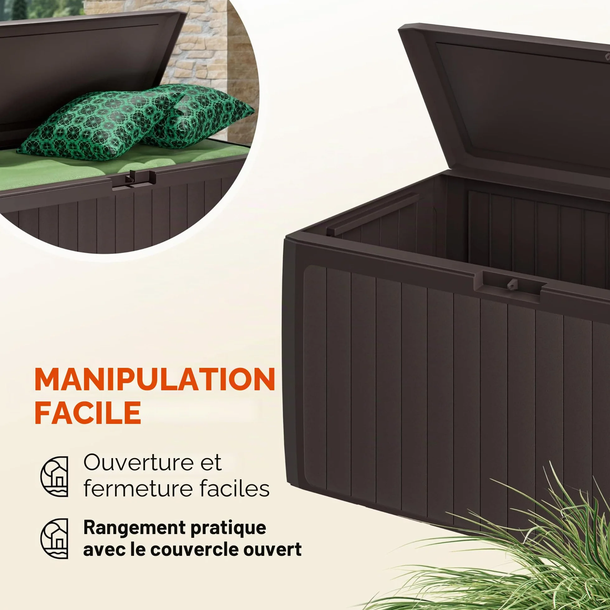 Casaria Coffre de rangement XXL Brun 290L Roulettes Poignées Malle de jardin